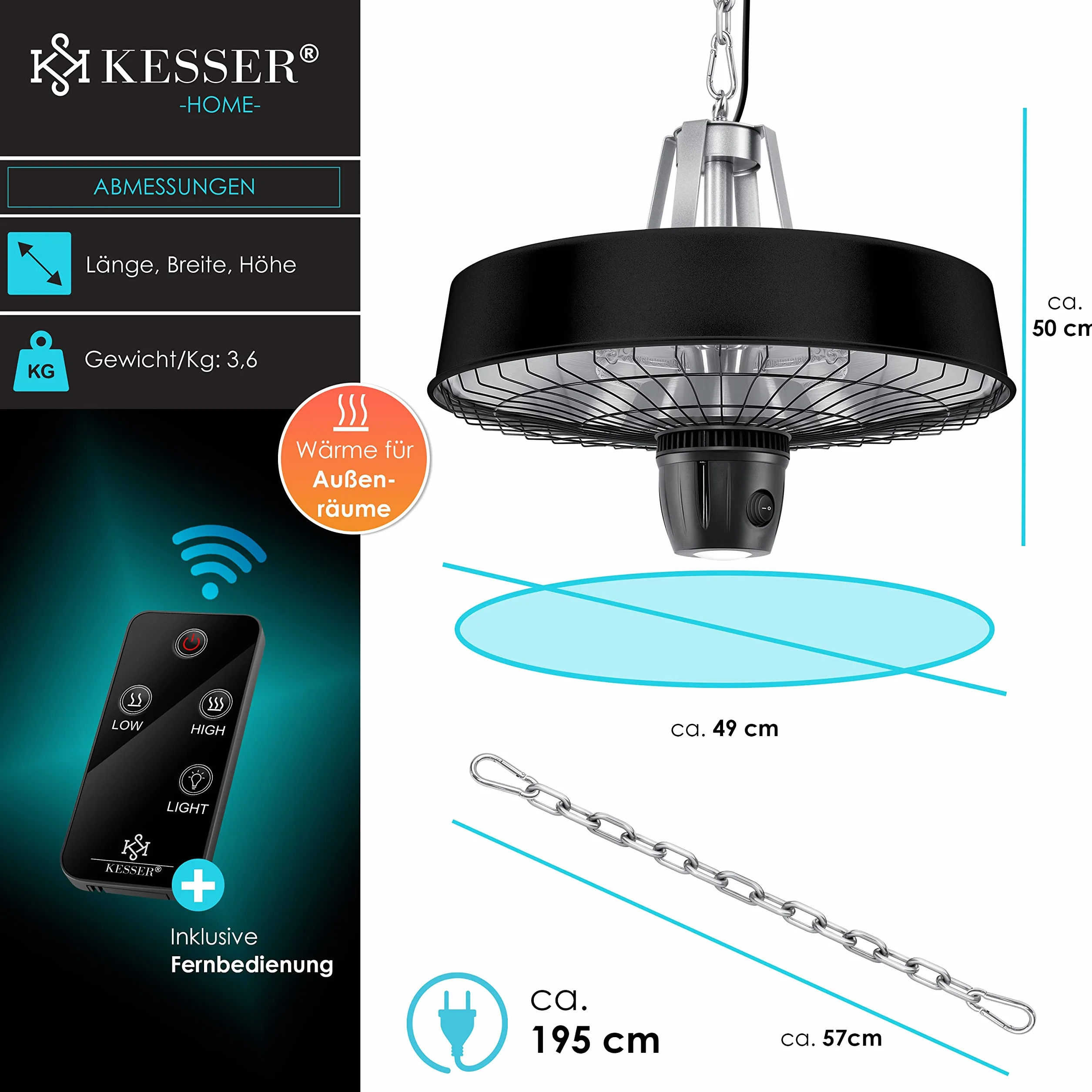 KESSER® Grzejnik sufitowy na podczerwień, 2500 W, promiennik tarasowy, z pilotem zdalnego sterowania, kwarcowy, światło LED, sufit, z łańcuszkiem i karabińczykiem, element grzejny z włókna węglowego