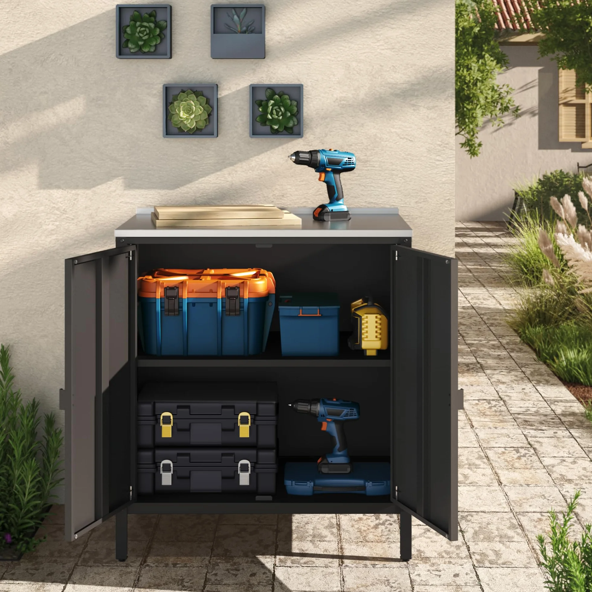 casa.pro Bolognano szafka ogrodowa, balkonowa, dwudrzwiowa, do użytku wewnątrz i na zewnątrz, 92 x 80 x 50 cm, czarna, matowa