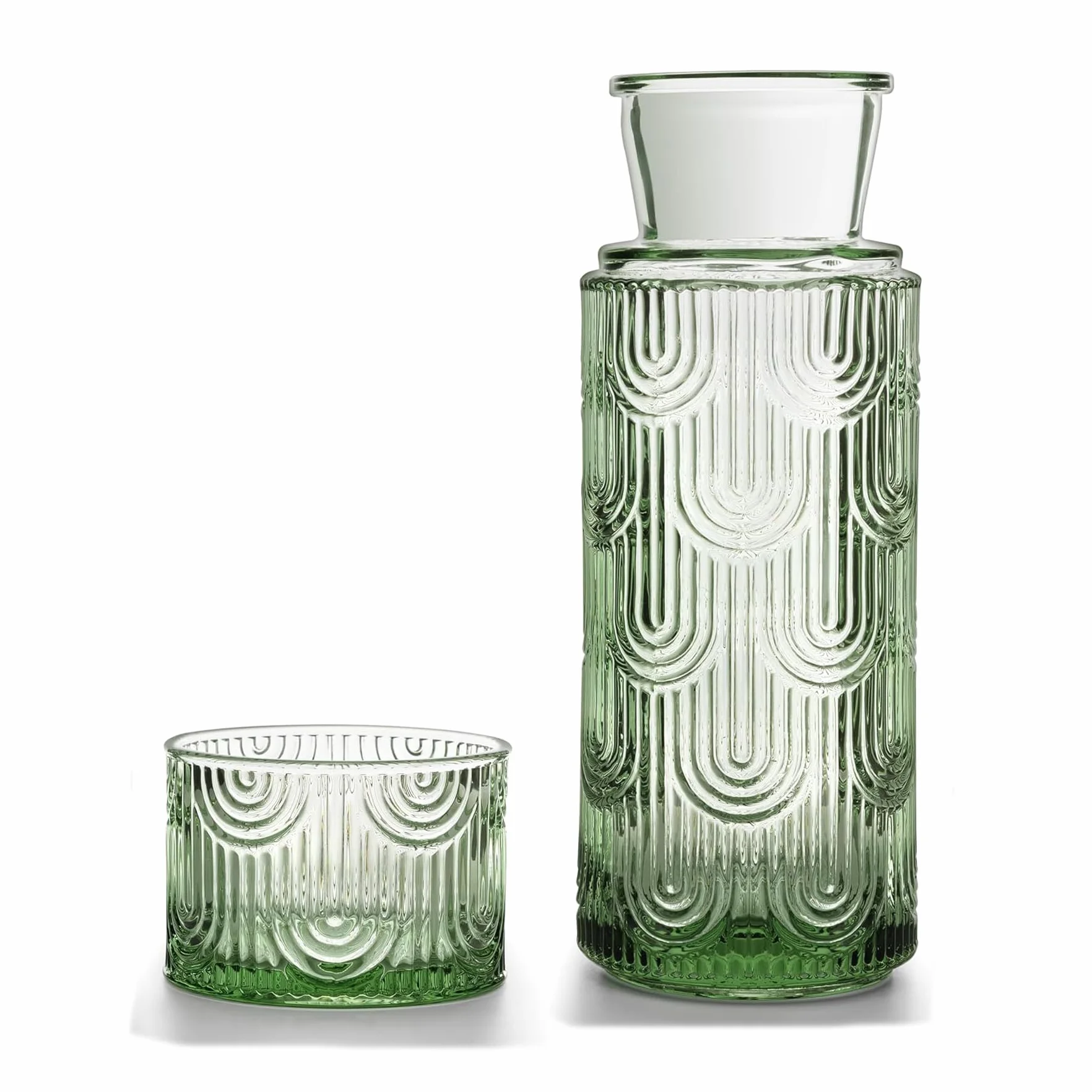 Nocna karafka na wodę i zestaw szklanek, dozownik wody do płukania ust do łazienki, 600 ml, szklany dzbanek z pokrywką 170 ml, do kuchni, sypialni i jadalni (zielony)