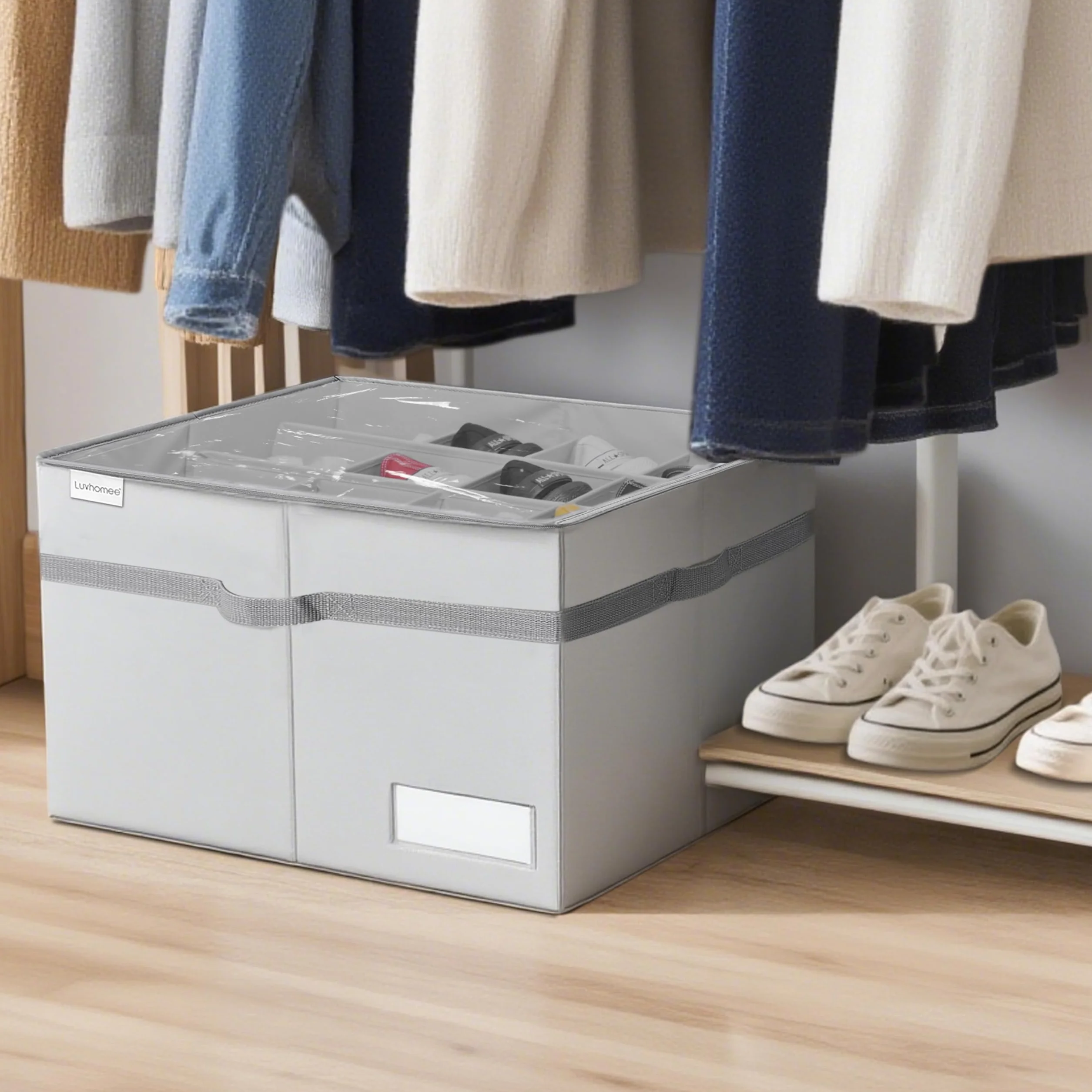 Shoe Organizer for Closet, Fits 16 Pairs, Large Shoe Box Storage Containers, Clear Foldable Shoe Storage Bins w/Bottom Support, Space Saving Shoes Holder w/Reinforced Handles, Gray