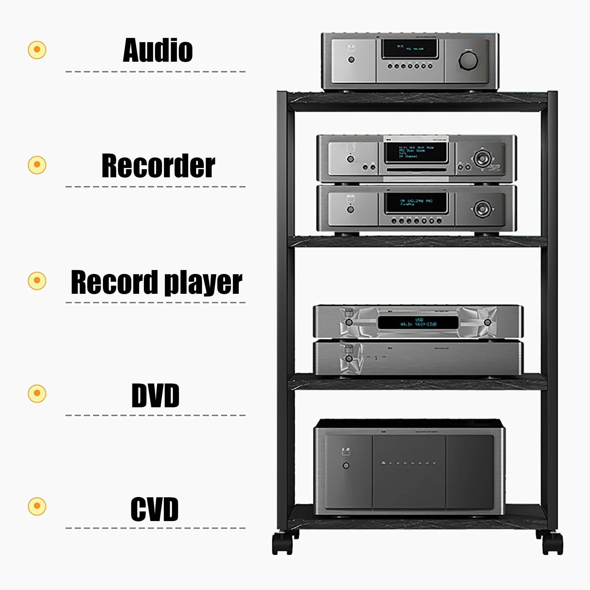 Stojak stereo i szafka audio, 2-5-poziomowy stojak multimedialny z regulowanymi półkami, narożny zestaw rozrywkowy na telewizor i sprzęt do gier, mała konsola multimedialna(Black,50x40x49cm)