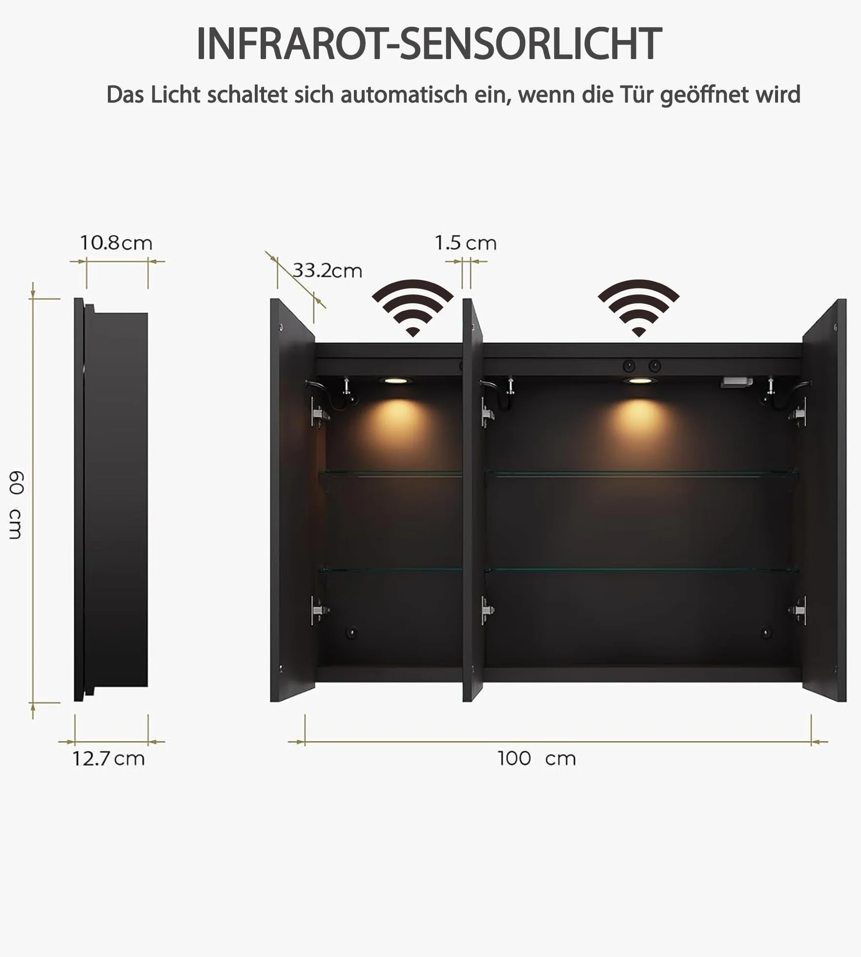 Szafka łazienkowa z lustrem, 100 x 60 x 13 cm, szafka z lustrem łazienkowym, z gniazdkiem, z czujnikiem LED i dotykowym