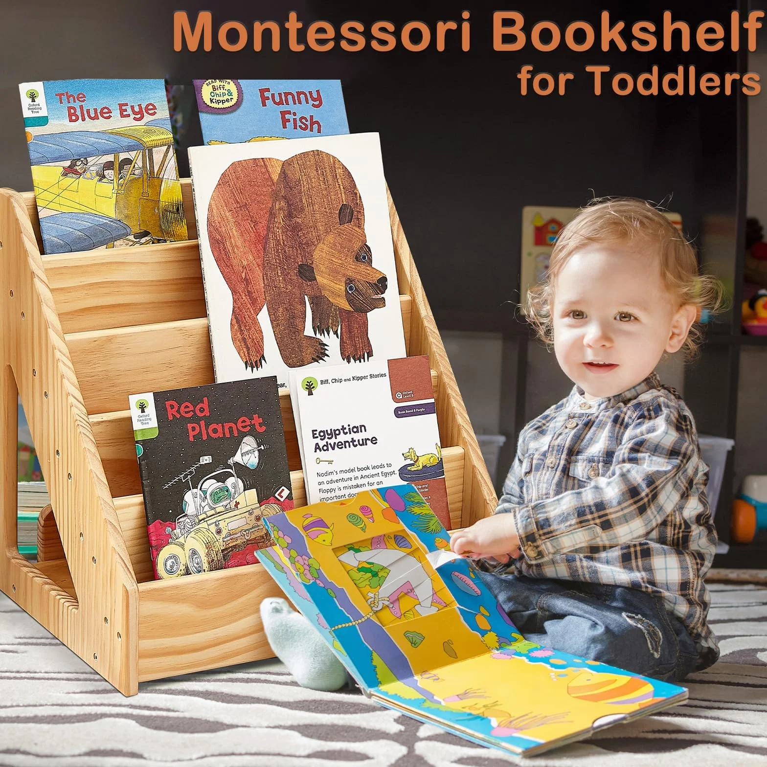 FUNLIO Montessori Regał dla dzieci w wieku 1–5 lat, przedni regał dziecięcy z uchwytem i urządzeniem zapobiegającym przechylaniu, regał sosnowy premium, regał na książki dla dzieci w klasie,