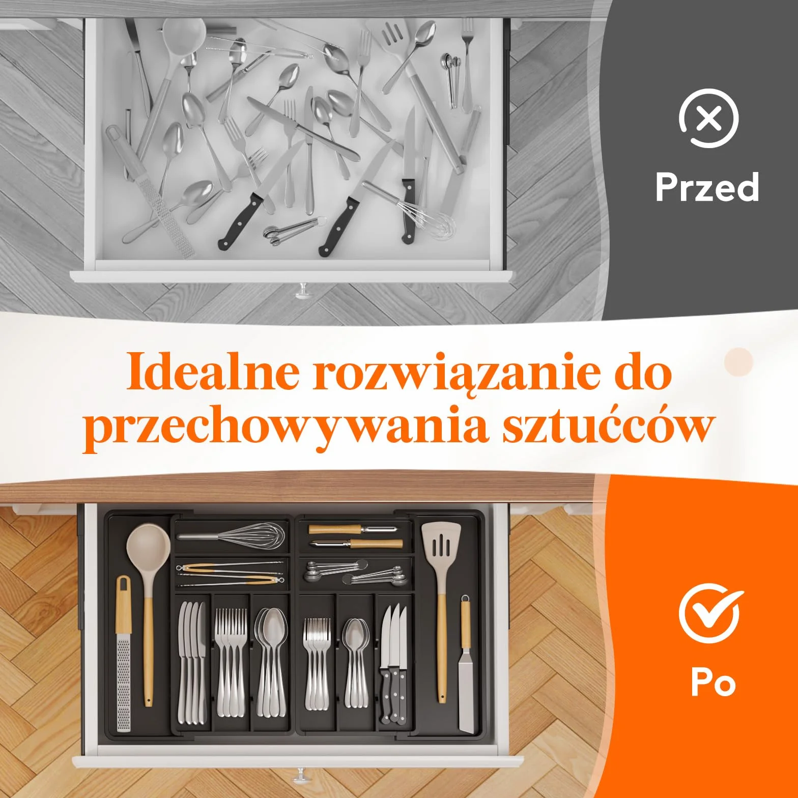 Lifewhite Duża Szuflada na Sztućce, Szerokość od 46 do 70 cm, Regulowana Szuflada na Sztućce do Szuflady, Głębokość 42,4 cm, Wyjmowany Układ szuflady, Plastikowy Uchwyt na Widelce/Noże, Czarny