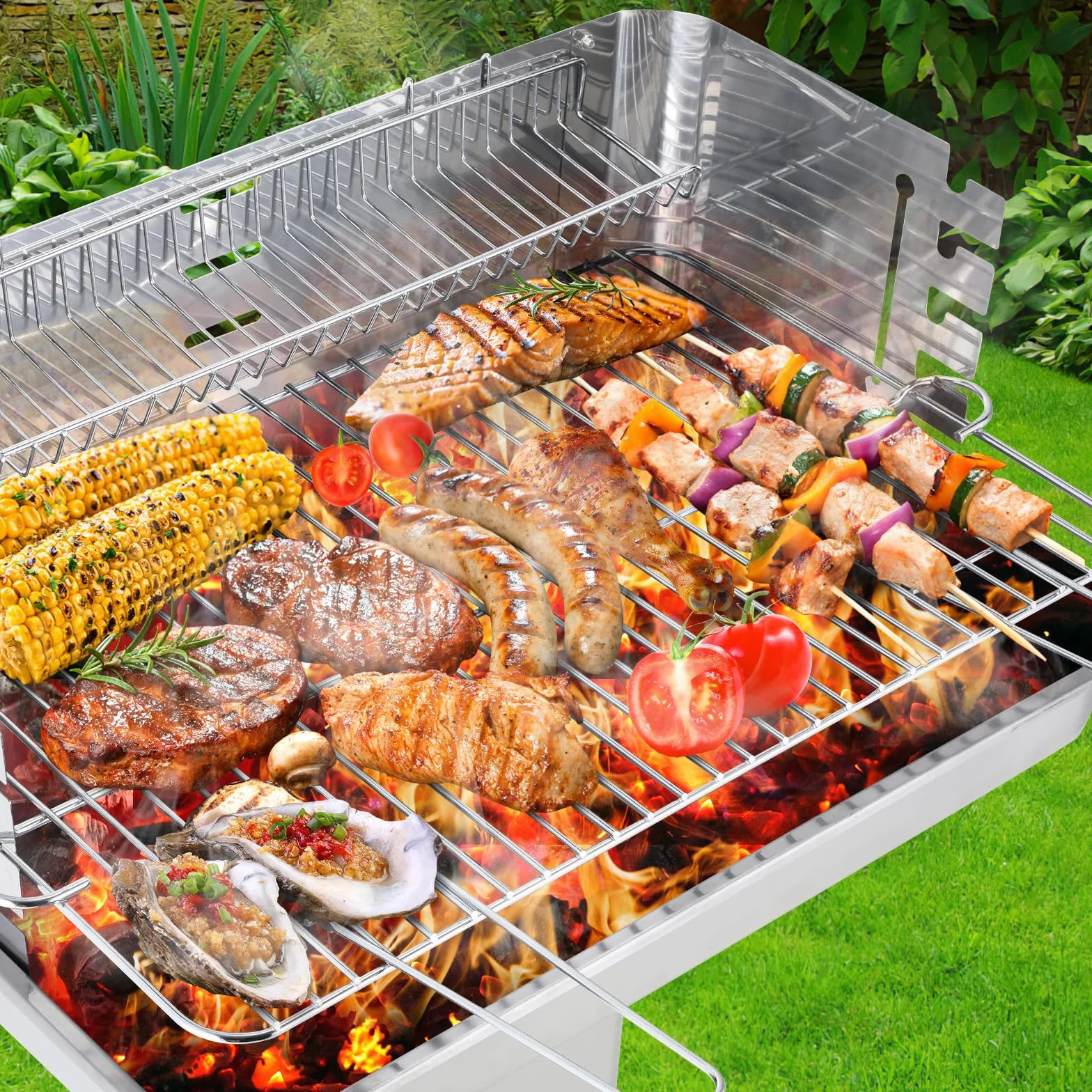 TLGREEN Grill na węgiel drzewny, stal nierdzewna, 57 x 38 x 90 cm, wysokiej jakości grill ze stali nierdzewnej z 5-stopniową regulacją wysokości, chromowanym rusztem do grillowania, pojemnikiem na