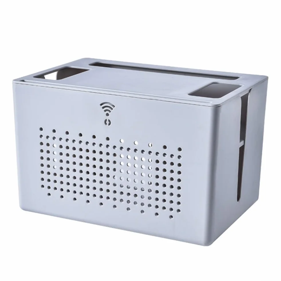 Bezprzewodowy router WiFi, skrzynka do przechowywania, modem sieciowy, osłona routera, półka listwa zasilająca i zarządzanie kablami, stojak biurowy, zorganizowane półki (szary)