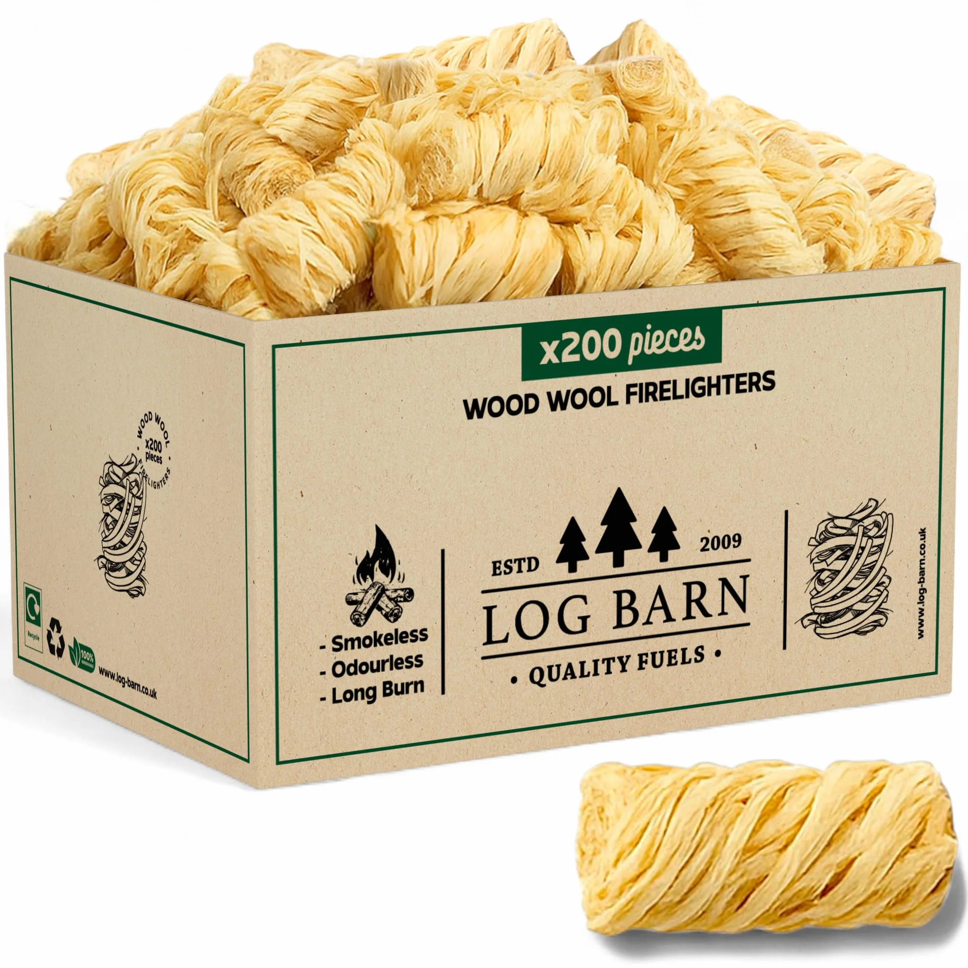 Log-Barn Wełna drzewna, naturalna podpałka do drewna, przyjazna dla środowiska, 200 sztuk w opakowaniu, idealna do rozpalania ognia w piecach, grillach, piecach do pizzy i wędzarniach Rozpałki