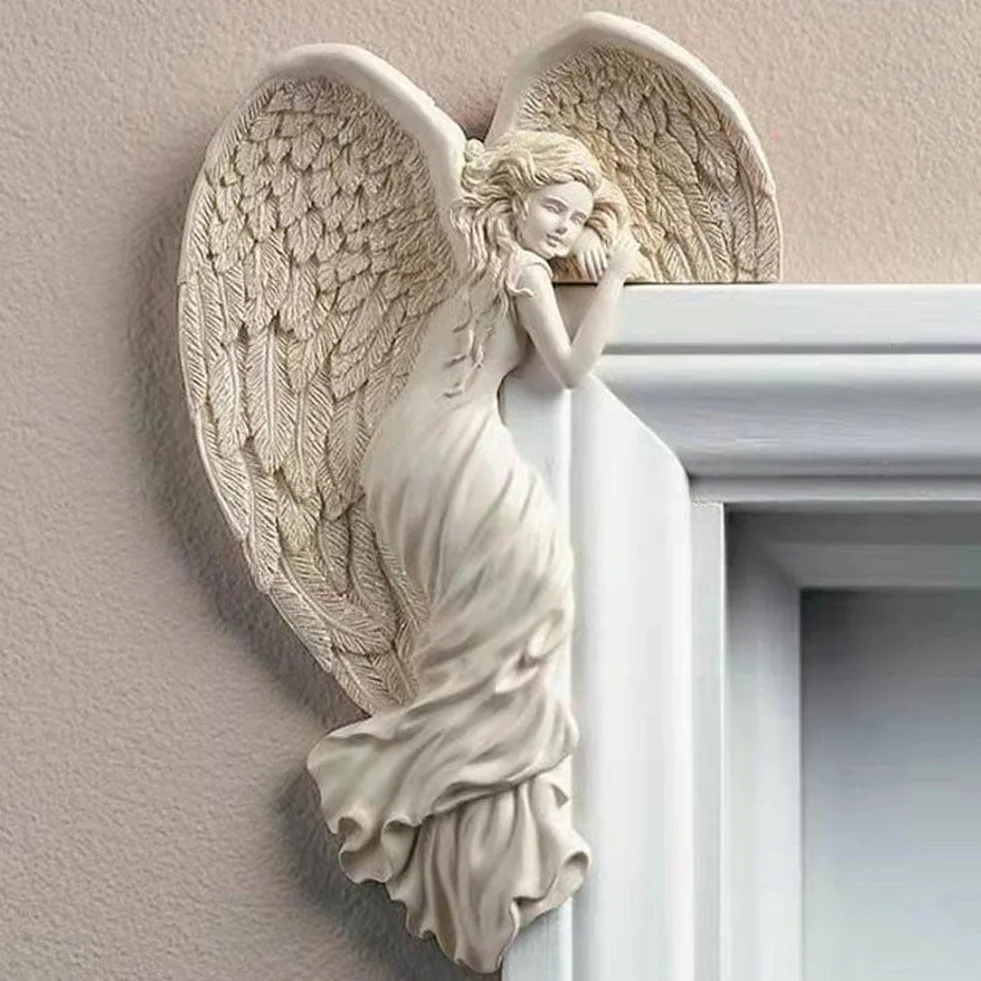 Jauhmui Skrzydło anioła, dekoracja na drzwi z żywicy, rzeźba ścienna 3D w stylu shabby chic, kreatywny ornament do dekoracji ścian i drzwi (lewa)
