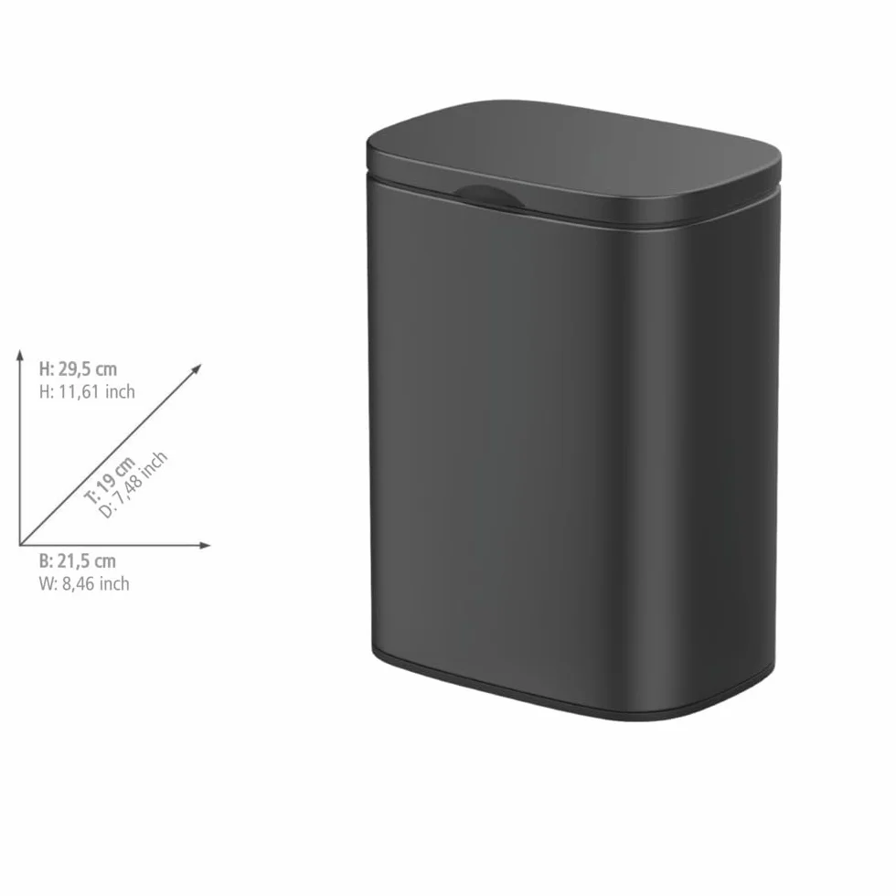 WENKO Sare ścienny kosz na kosmetyki 5 l, kosz na śmieci z pokrywką i wolnoopadającym Easy-Close, wiadro łazienkowe z lakierowanej stali do mocowania bez wiercenia, 21,5 x 29,5 x 19 cm, czarny matowy