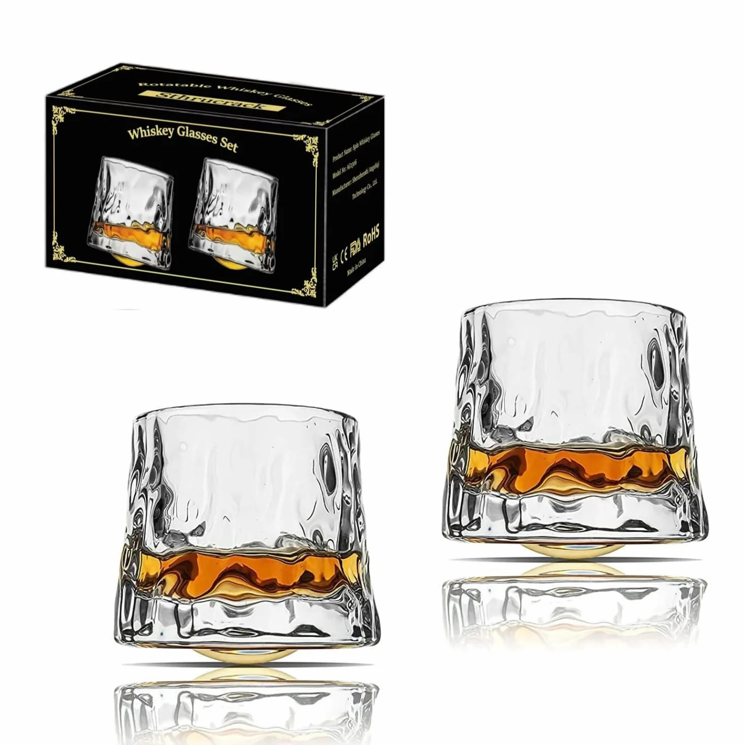 Szklanki do whisky obrotowe dekompresyjne - Staromodny zestaw 2 szklanek w stylu barowym do burbona, scotch whisky, rumu (2 opakowania tekstura młotka, 180ml(6oz))