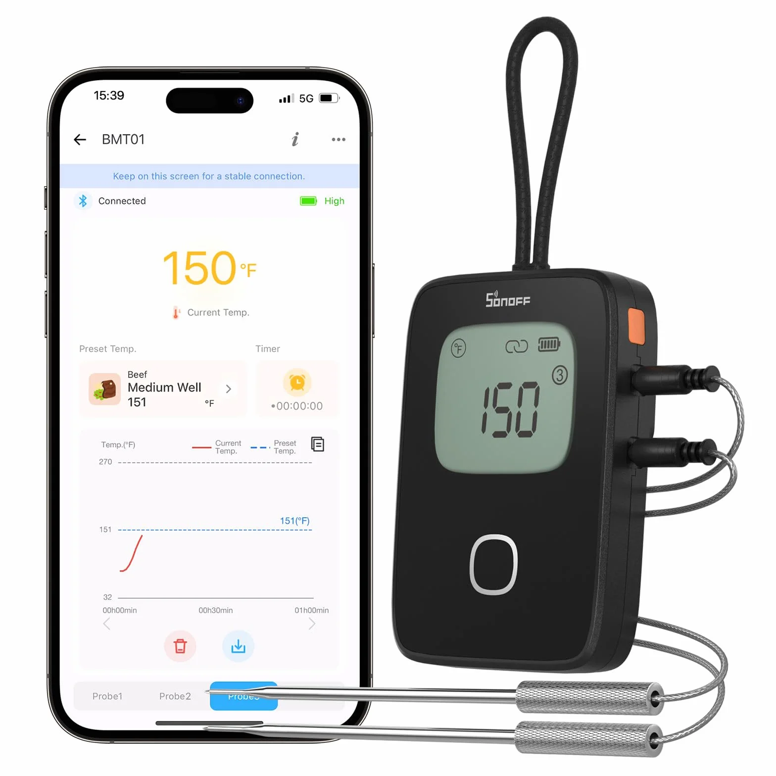 SONOFF BMT01Termometr do gotowania z podwójną sondą, sonda do grillowania mięsa, wyświetlacz LCD z natychmiastowym odczytem, timer i zaprogramowane alerty, odpowiedni do grillowania