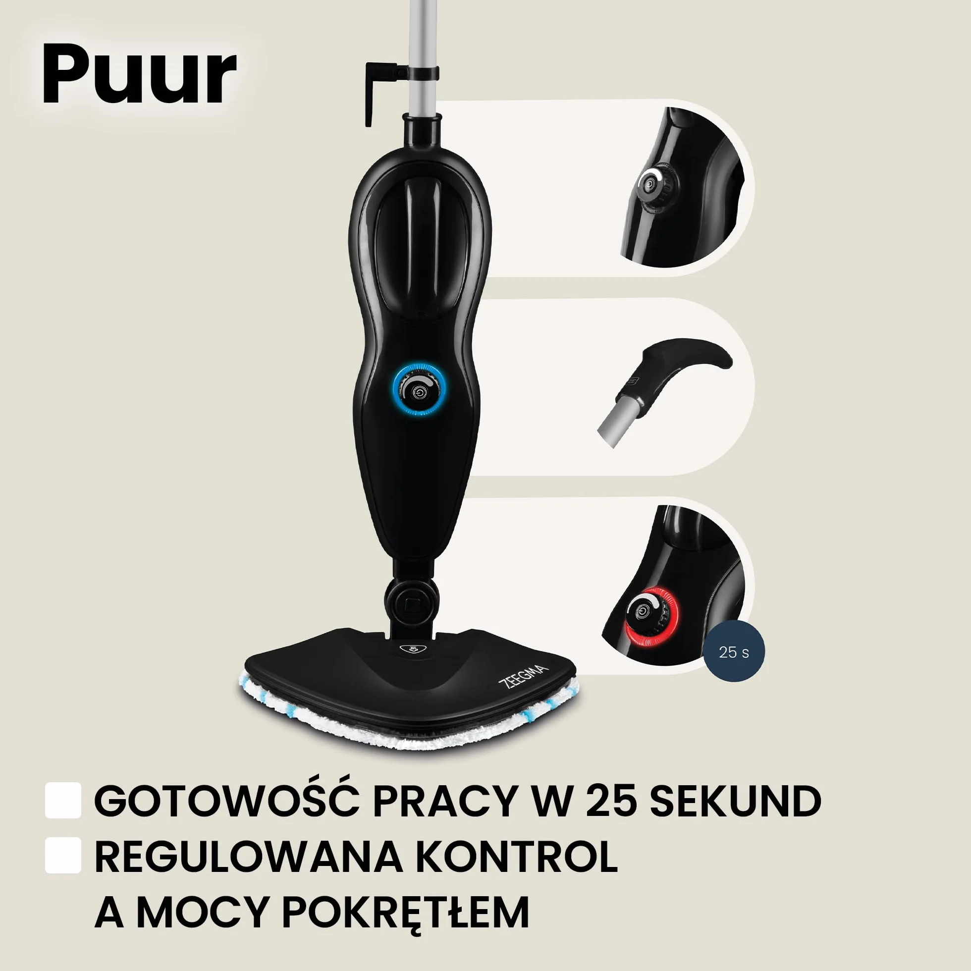 ZEEGMA Puur mop parowy, funkcja myjki, regulacja strumienia pary, 19 ml/min, moc 1500 W, przewód 5 m, 2 filtry i 7 wymiennych końcówek w zestawie, wyjmowany zbiornik na wodę 370 ml