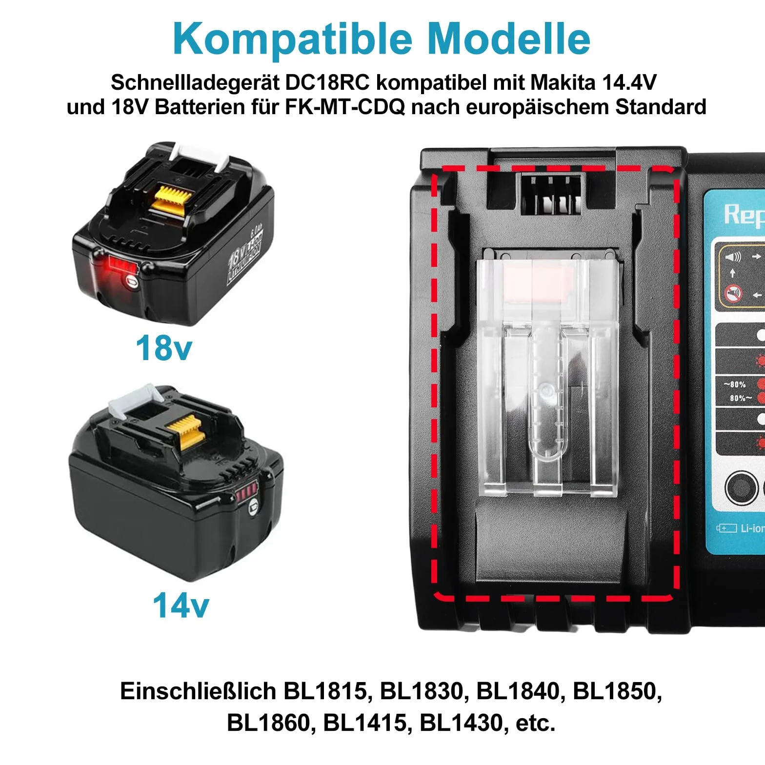 Ładowarka do akumulatorów 18V DC18RC Szybka ładowarka Kompatybilna z Makita 14,4 V i 18 V Li-Ion Zastępczy akumulator BL1815 BL1830 BL1840 BL1850 BL1860 BL1890 BL1415 BL1430 BL1440