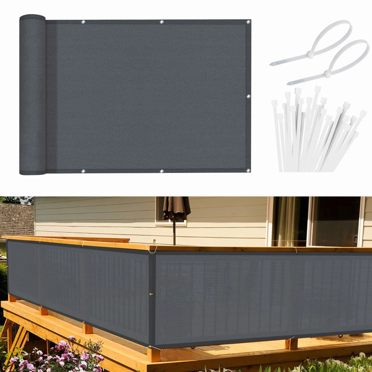 Sunnylaxx Osłona Balkonowa 90 x 600 cm, HDPE, Ochrona Przed Wiatrem i Promieniowaniem UV, z Oczkami i Opaskami Kablowymi,Antracyt