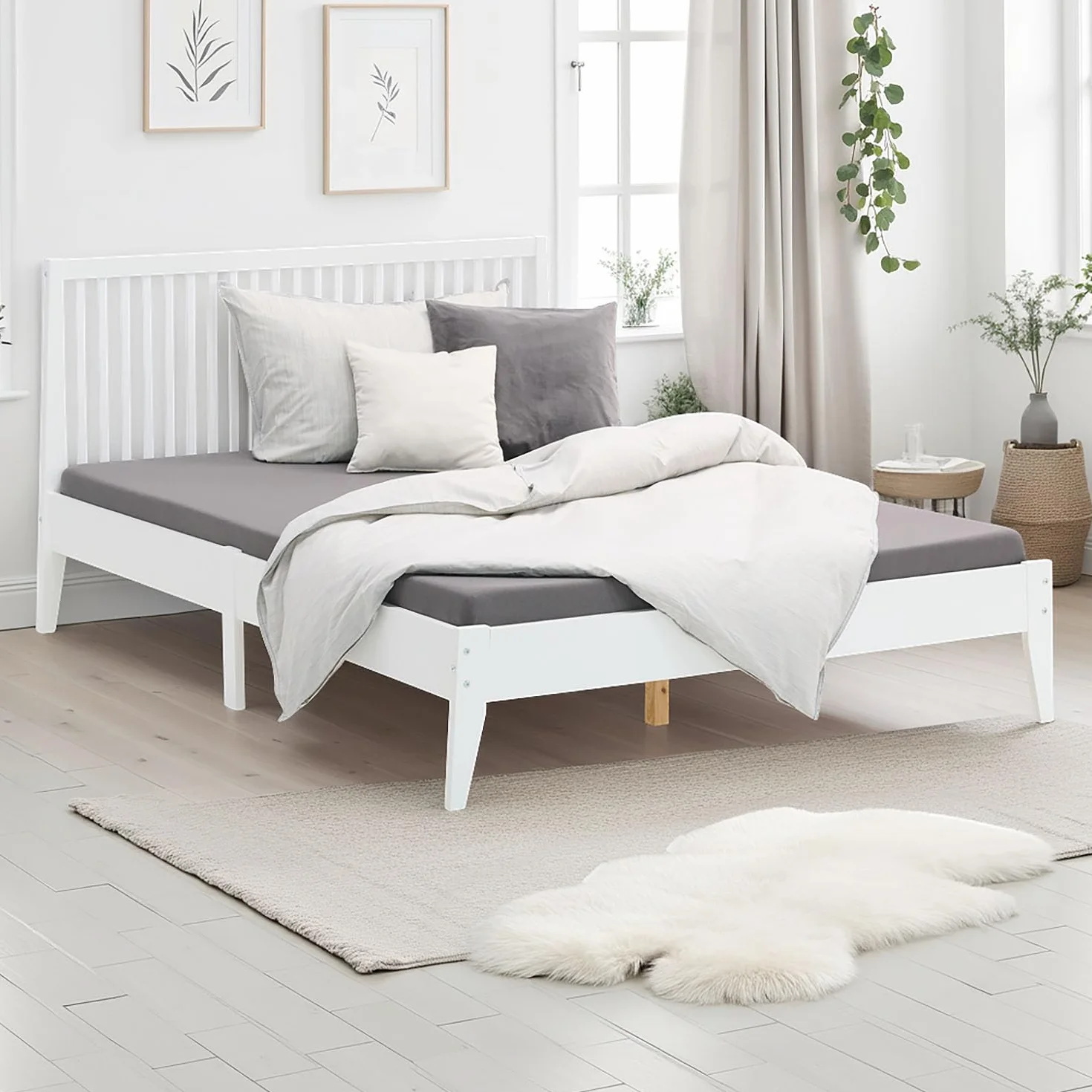 Homestyle4u 1844 łóżko drewniane 140 x 200, ze stelażem, białe, lite drewno sosnowe