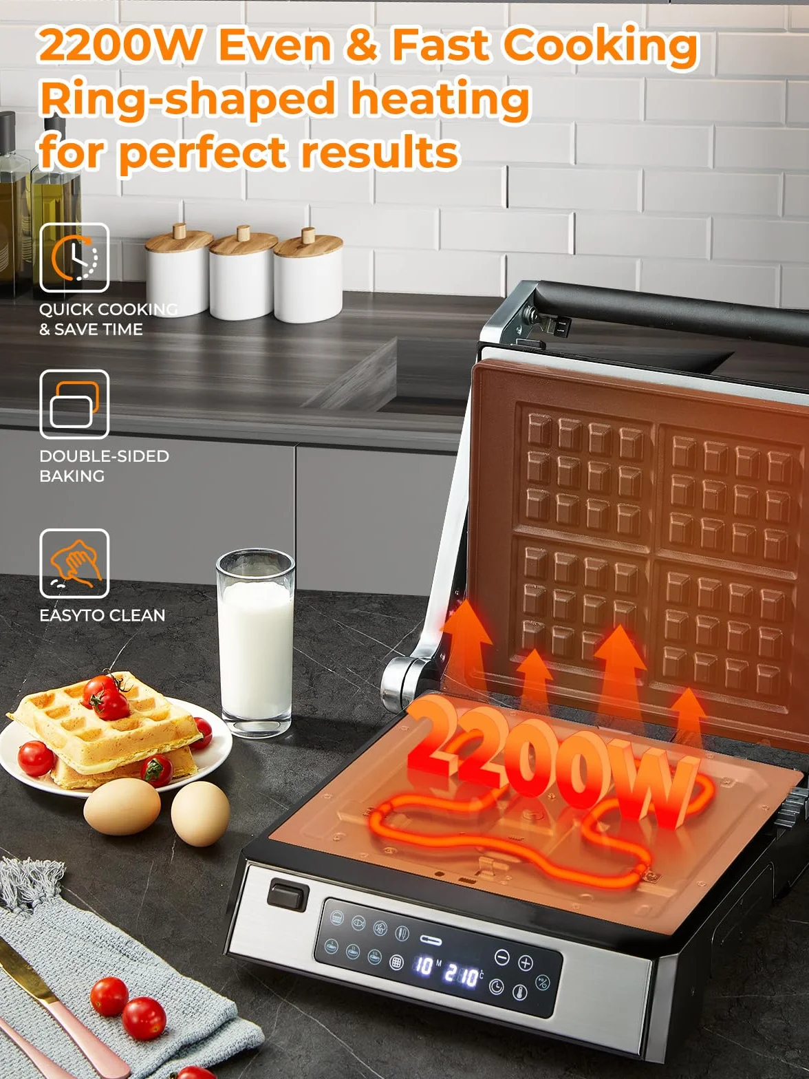 FOHERE Grill kontaktowy XL, wielofunkcyjny, opiekacz do kanapek i gofrownica 4 w 1, 2200 W, z 4 zdejmowanymi płytami z powłoką zapobiegającą przywieraniu, indywidualny czas i temperaturę, wskaźnik LED