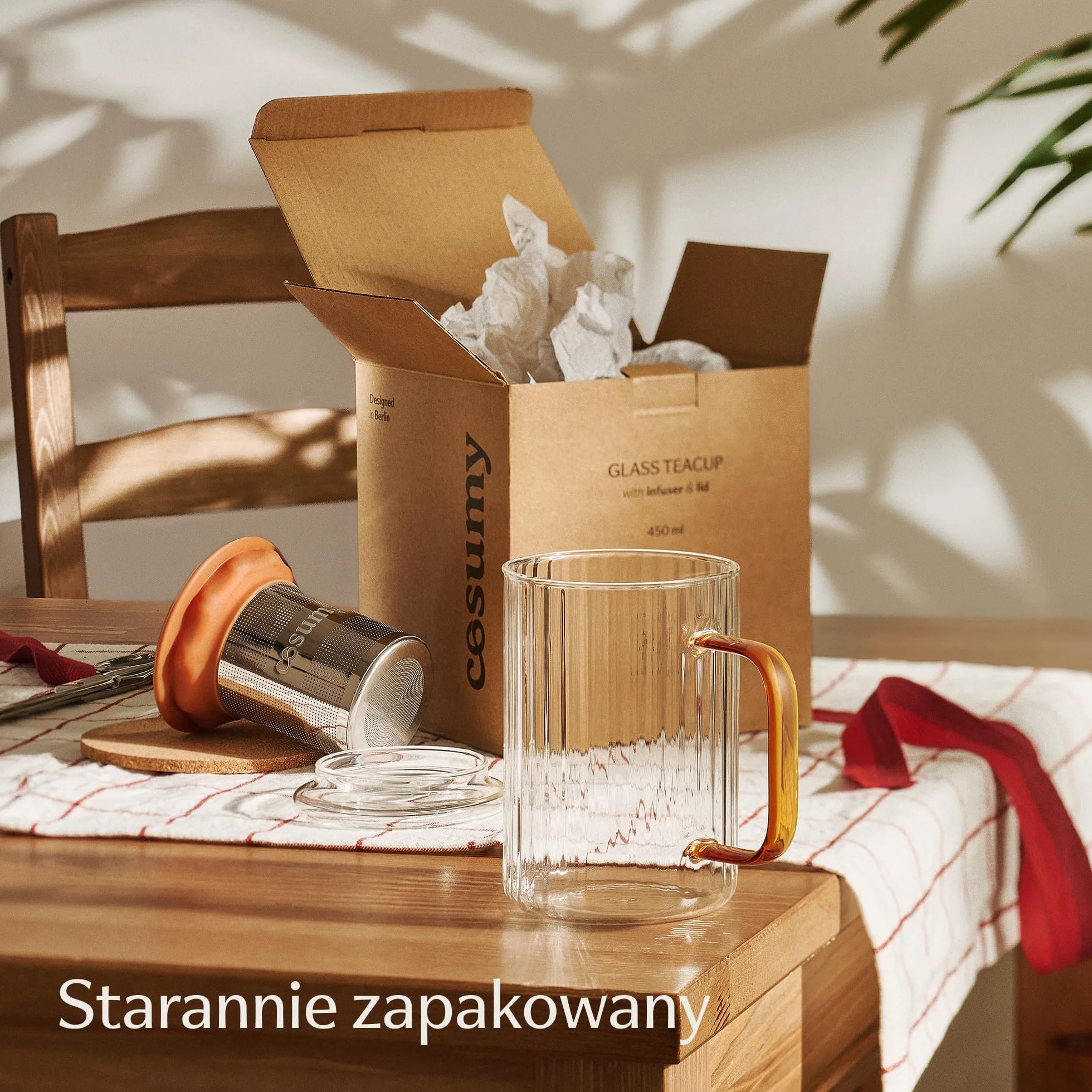Cosumy Filiżanka do Herbaty z Pokrywką i Sitkiem 450ml - Żaroodporne Szkło Borokrzemowe z Kolorowymi Uchwytami - Korek Podstawka & Filtr ze Stali Nierdzewnej