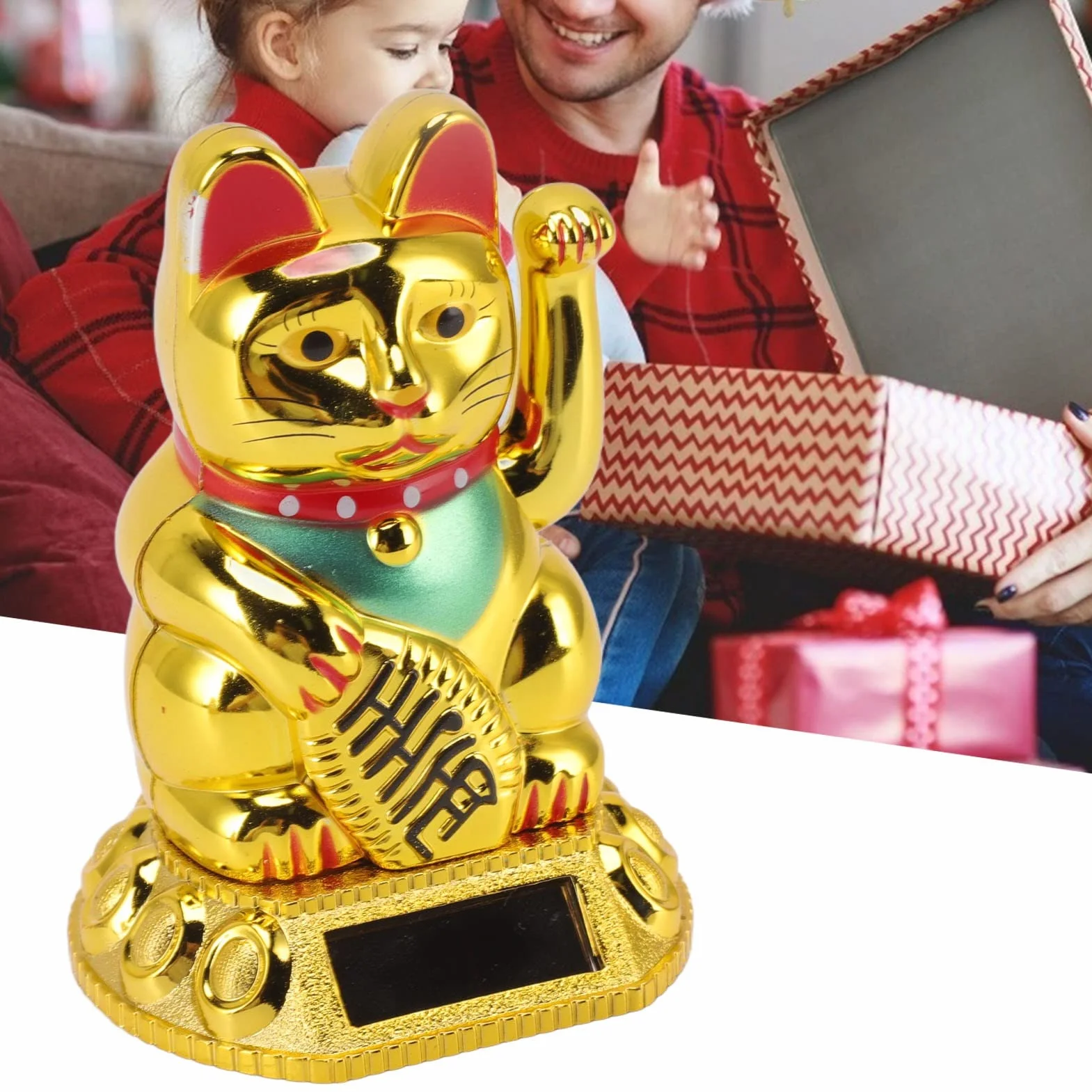 Chińska kotka przynosząca szczęście, chińska kotka machająca łapką, dekoracja Lucky Neko, kotka szczęścia z falującym ogonem, solarna indukcyjna statua, figurka do ozdób domu i samochodu (złota