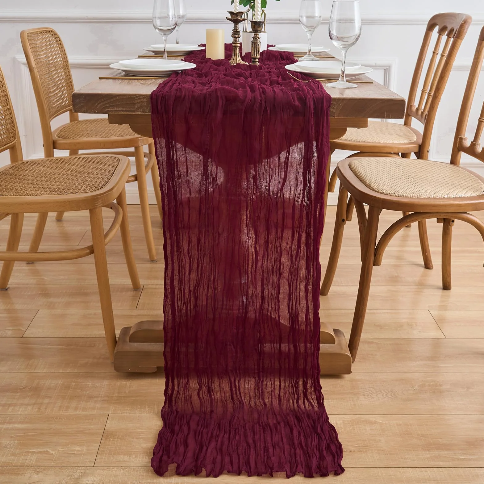 2 bieżniki na stół, obrus, obrusy w stylu boho, rustykalny obrus na wesele, dekoracja stołu, 90 x 300 cm (czerwone wino, 90 x 300 cm, 2 sztuki)