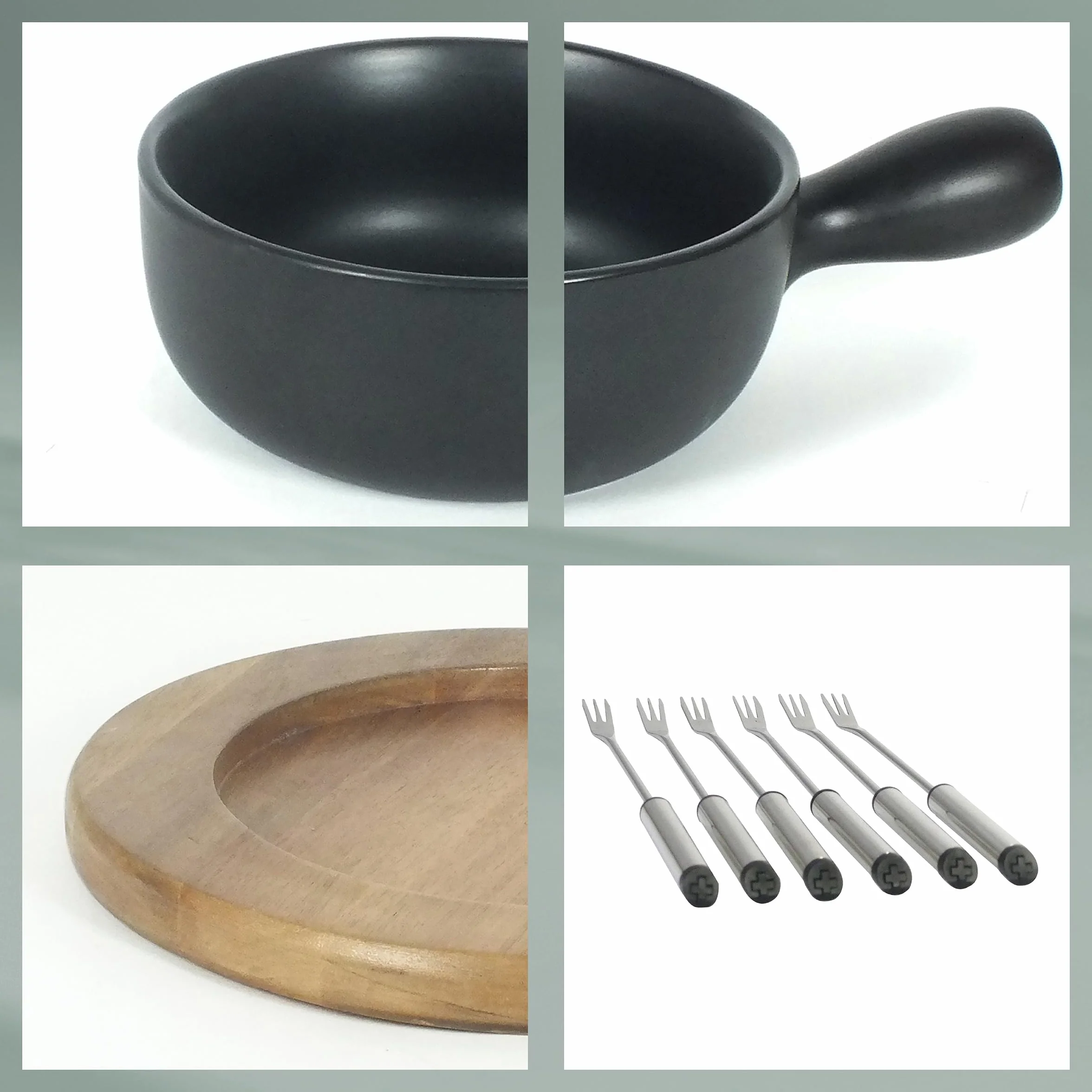 kela Country zestaw do fondue serowego, 10-częściowy, średnica 25 cm, 2 l, ceramika, czarny, ogniotrwały garnek, palnik do pasty, podstawka z drewna akacjowego, 6 widelców do fondue, 16640