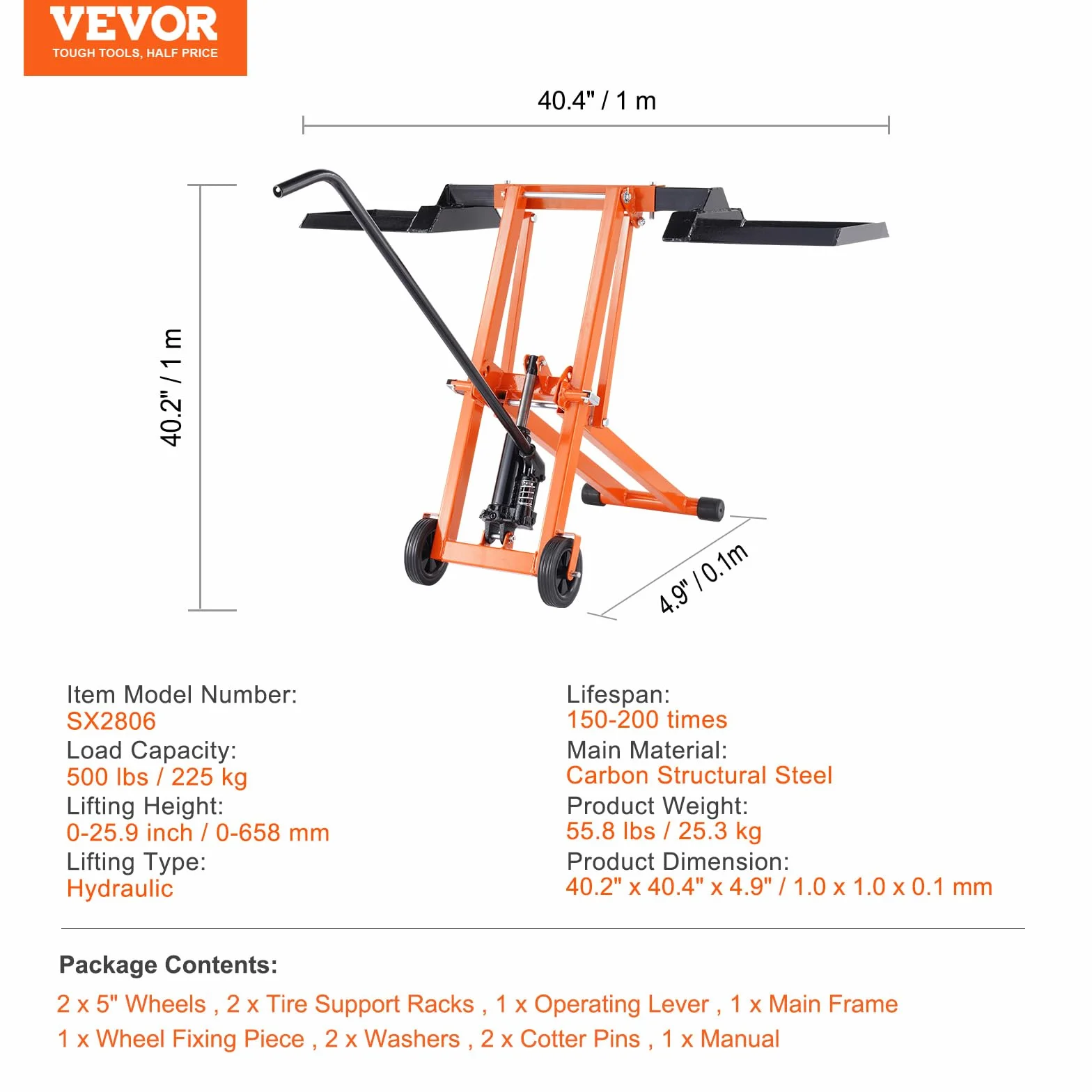 VEVOR Podnośnik kosiarki z hydraulicznym udźwigiem 225 kg, masywne stali węglowej, regulowany ruchomy do traktorów i kosiarek Zero Turn