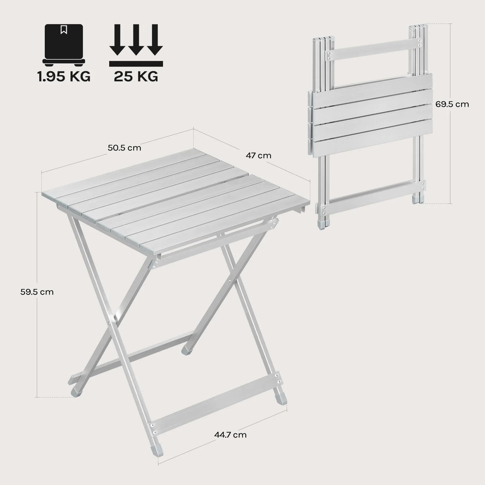 WOLTU Składany stół kempingowy aluminiowy składany mały stół do ogrodu, tarasu, balkonu, 50,5 x 47 x 59,5 cm, srebrny
