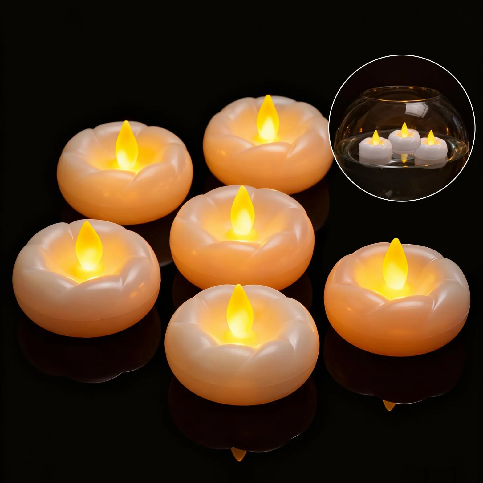 HENGBIRD 6 Sztuk Pływających Świec LED Typu Tealight, 5,5 cm, Wodoszczelne, Zasilane Bateriami, Bezpłomieniowe, w Kształcie Kwiatu do Romantycznego Centrum Weselnego, Łazienki, Basenu