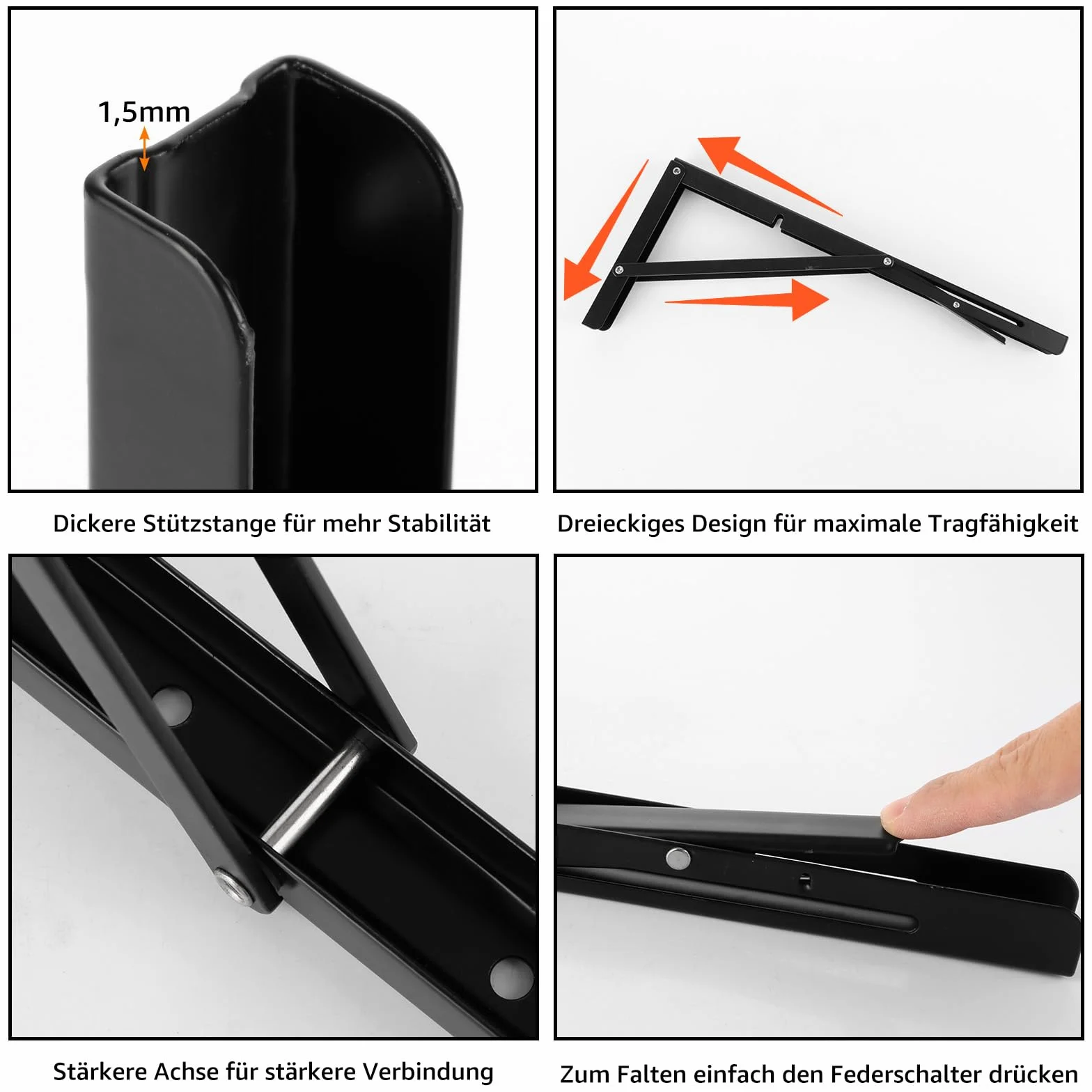 2 sztuki składanej konsoli, do dużych obciążeń, 400 mm, zawiasy składane, czarne, metalowe, składane, maksymalne obciążenie 80 kg, regał ścienny, wsparcie regału do domu, kuchni, 2 sztuki