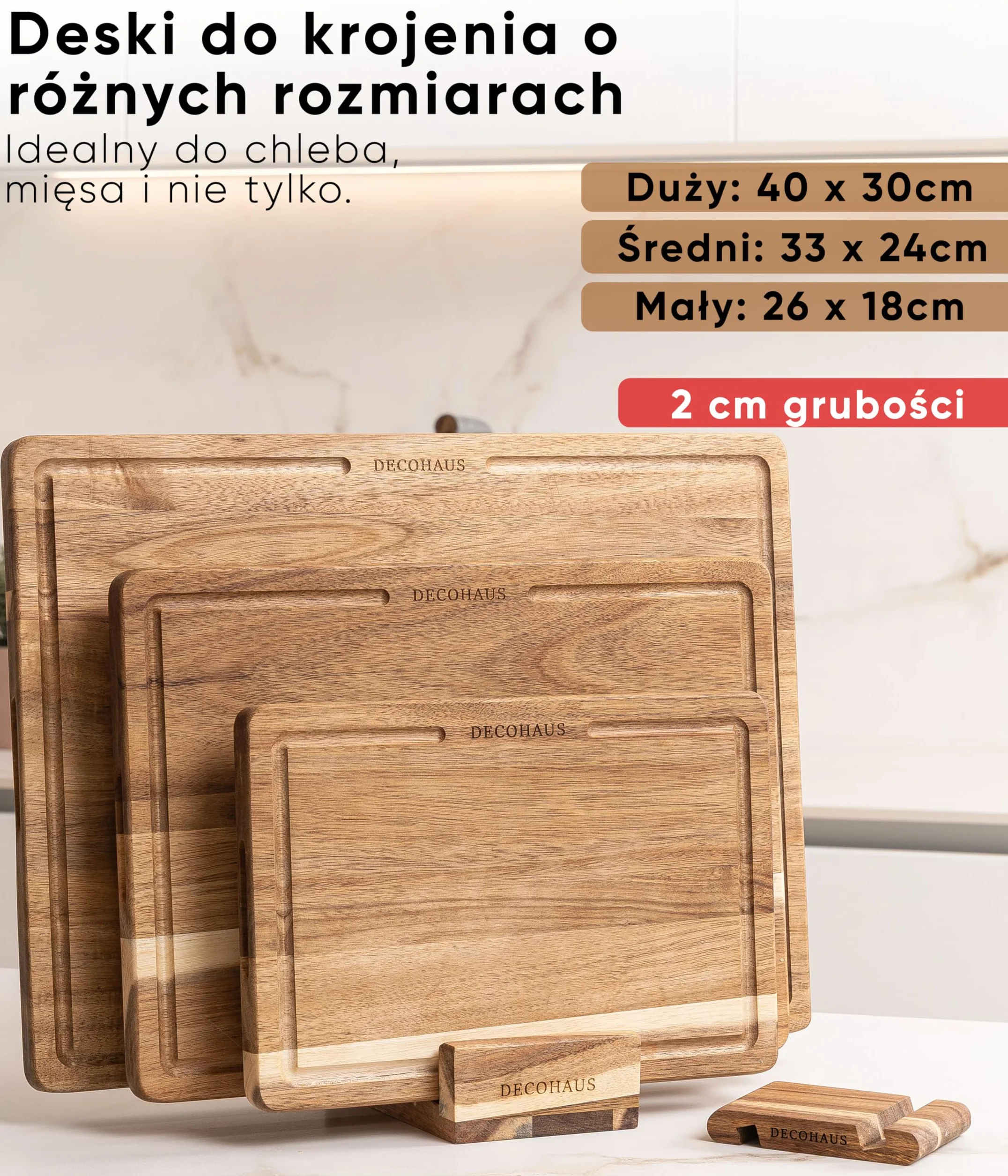 Deco haus Zestaw 3 desek do krojenia z drewna akacjowego 2 cm z rowkiem na sok 40x30 33x24 26x18