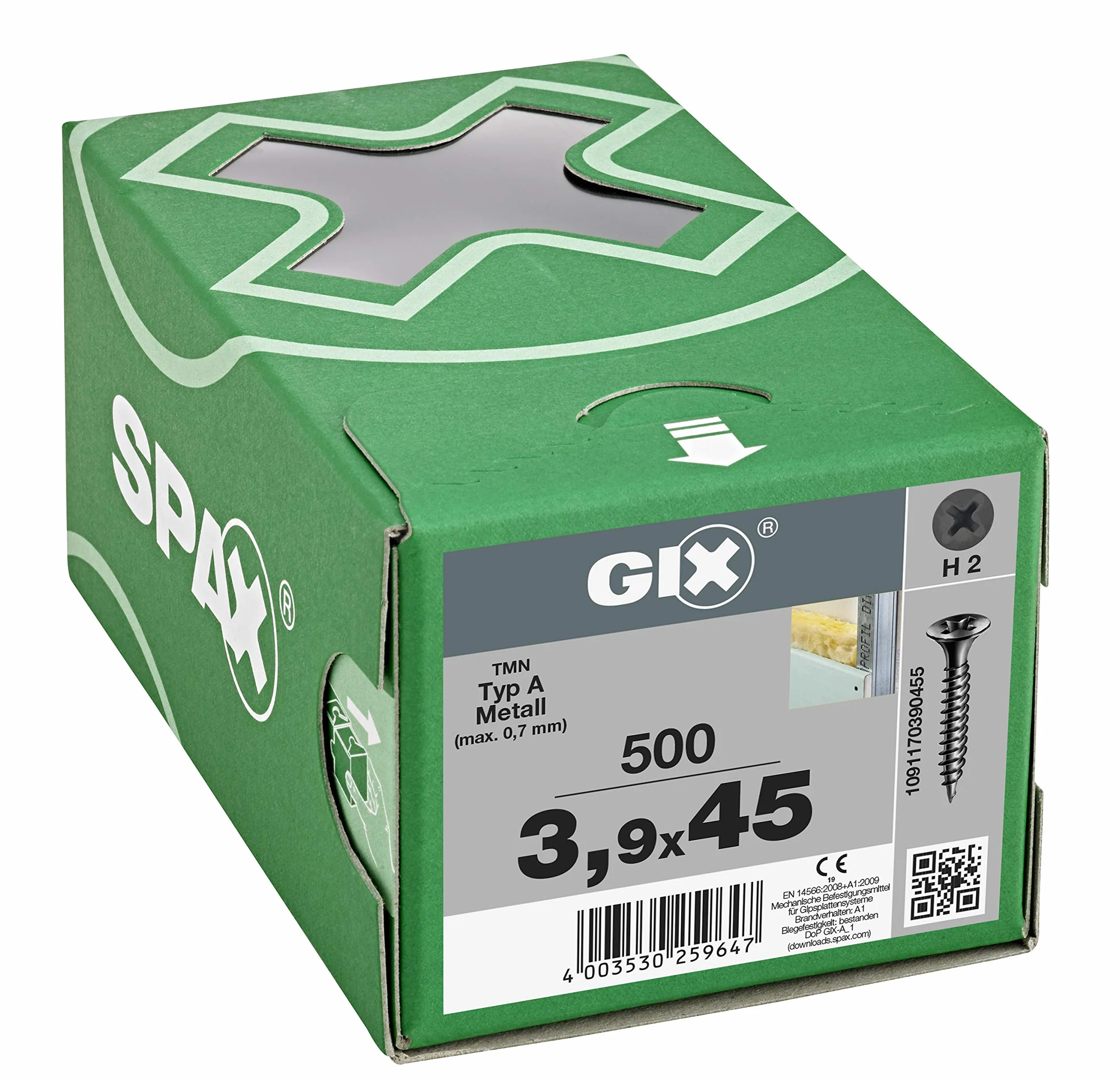 SPAX GIX-A wkręty do szybkiego montażu 3,9 x 45 mm, gwint drobny, 500 sztuk, łeb trąbki, z rowkiem krzyżowym H2, śruby do płyt gipsowo-kartonowych na metalowym stojaku – 1091170390455