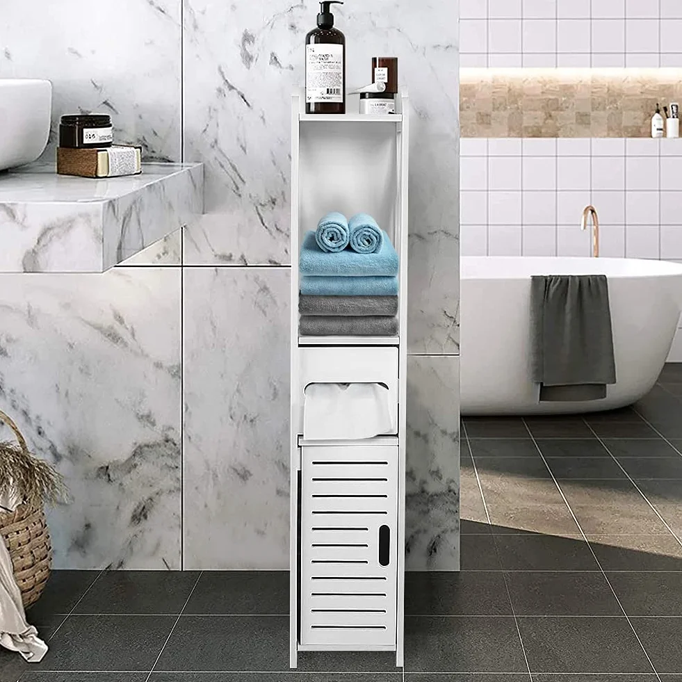GOTOTOP Biała drewniana szafka kolumnowa nowoczesna szafka do przechowywania szafka toaletowa z 2 półkami, 1 szufladą i 1 drzwiczkami 80 × 15,5 × 15 cm