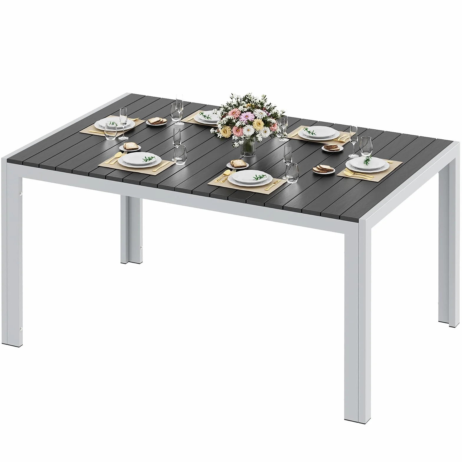LIFERUN Odporny na warunki atmosferyczne, duży, 140 x 90 x 75 cm, aluminiowy stół tarasowy z blatem WPC, prostokątny stół do jadalni na zewnątrz dla 6 osób, stabilny ogród, taras, balkon, czarny +