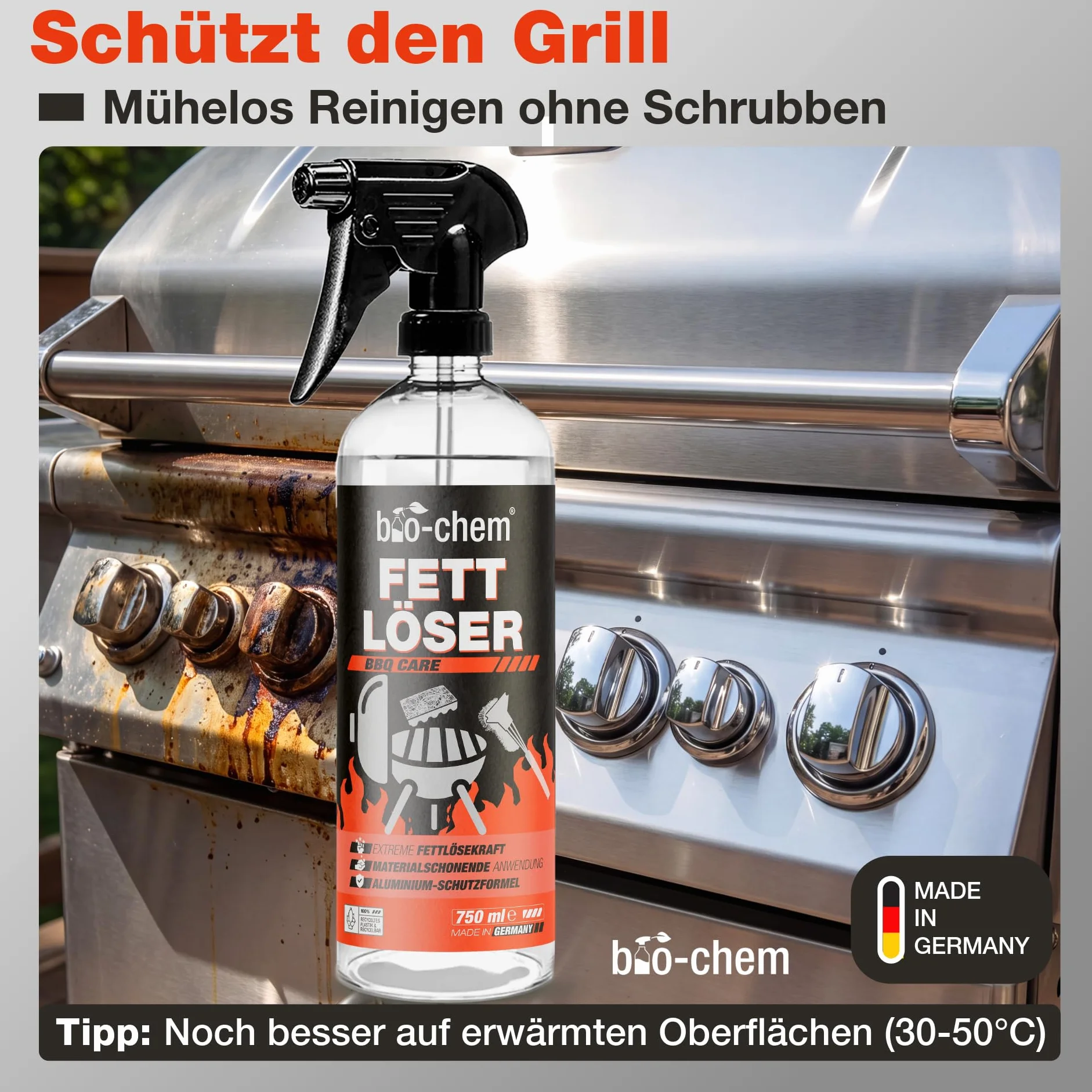 bio-chem BBQ-Cleaner ?rodek do czyszczenia grilla 750 ml + ?ciereczka z mikrofibry efektywne czyszczenie w profesjonalnej jako?ci spray piel?gnacyjny do rusztu do grilla, bezzapachowy i przyjazny