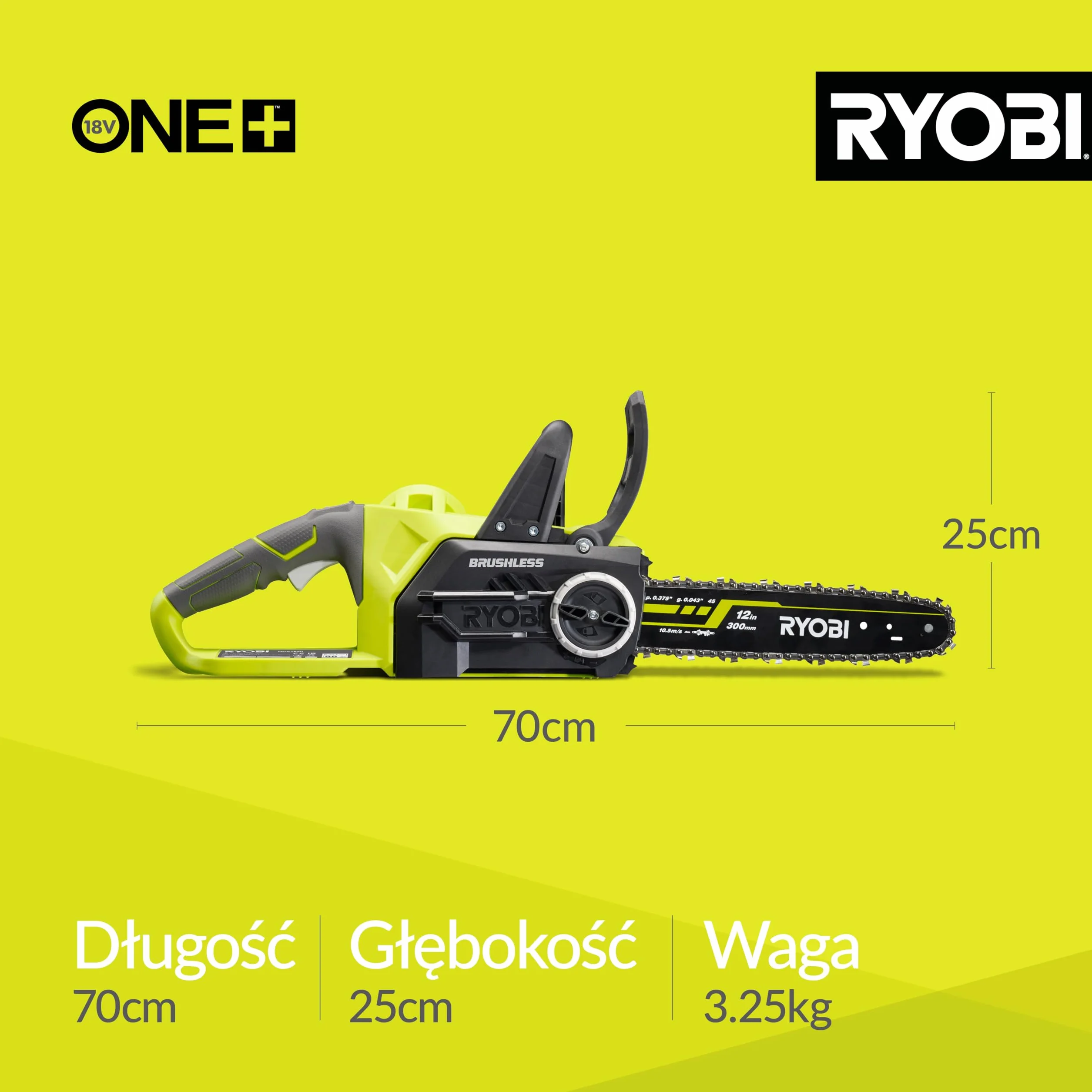 Ryobi Pilarka Łańcuchowa 18 V, OCS1830, Silnik Bezszczotkowy, Długość Prowadnicy 30 cm, Prędkość Przesuwu Łańcucha 10 m/s, Prowadnica oraz Łańcuch Marki Oregon, Automatyczne Smarowanie