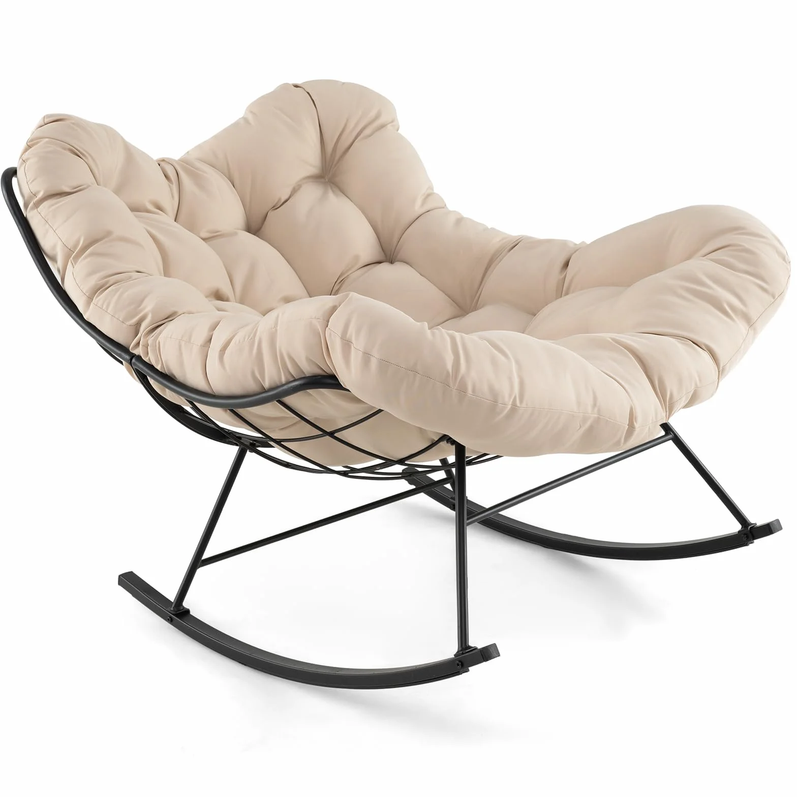 GIANTEX Duży fotel bujany, papasan w kształcie jajka z grubą poduszką, fotel bujany do wnętrz i na zewnątrz, obciążenie 205 kg, do ogrodu, na taras, szary, beżowy