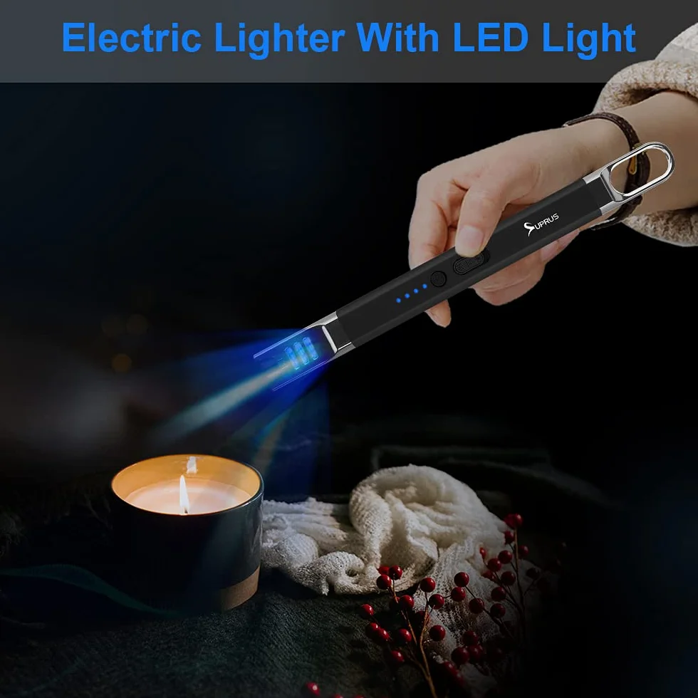 SUPRUS Zapalniczka do świec elektryczna, z łukiem świetlnym, wiatroszczelna, bezpłomieniowa, do ponownego ładowania przez USB z oświetleniem LED, na kemping, grillowanie, gotowanie (czarna + złota)