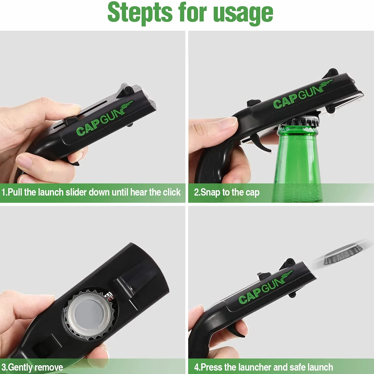 Cap Gun Otwieracz do butelek 2 opakowania otwieraczy do piwa, zabawny korek do butelki, dzbanek, pistolet na pokrywkę piwa do domu, baru, imprezy, drinka bożonarodzeniowego (czarny)
