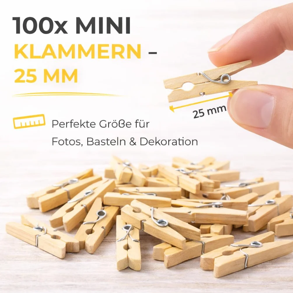 100x Mini klamerki drewniane 25 mm Mini, spinacze do bielizny - małe spinacze z trwałego drewna - idealne na ściany z zdjęciami, uchwyty na zdjęcia i projekty DIY - drewniane spinacze do bielizny