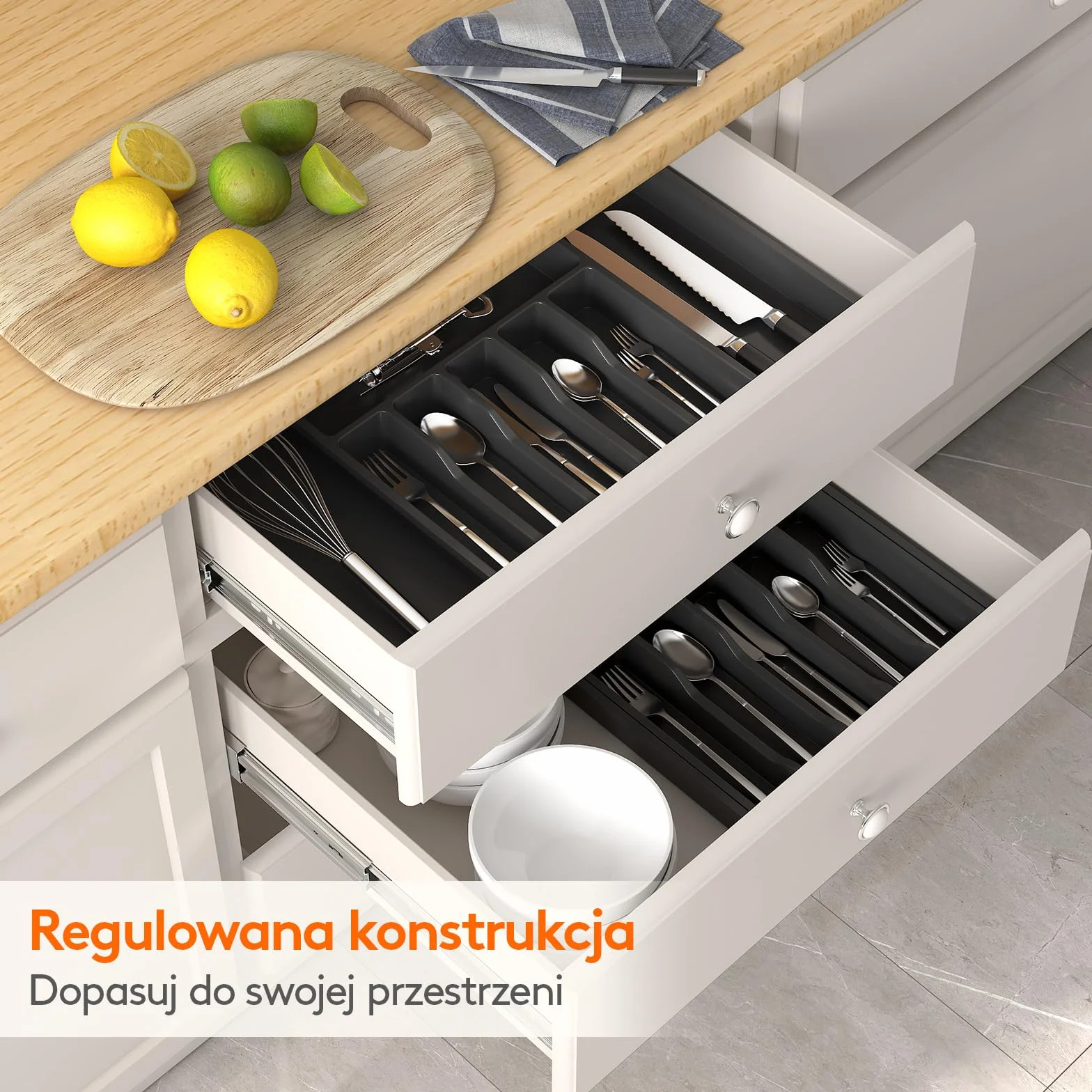 Lifewit Rozszerzalna Taca na Sztućce do Szuflady, Regulowany Uchwyt, Plastikowa, 2 szt, Czarny