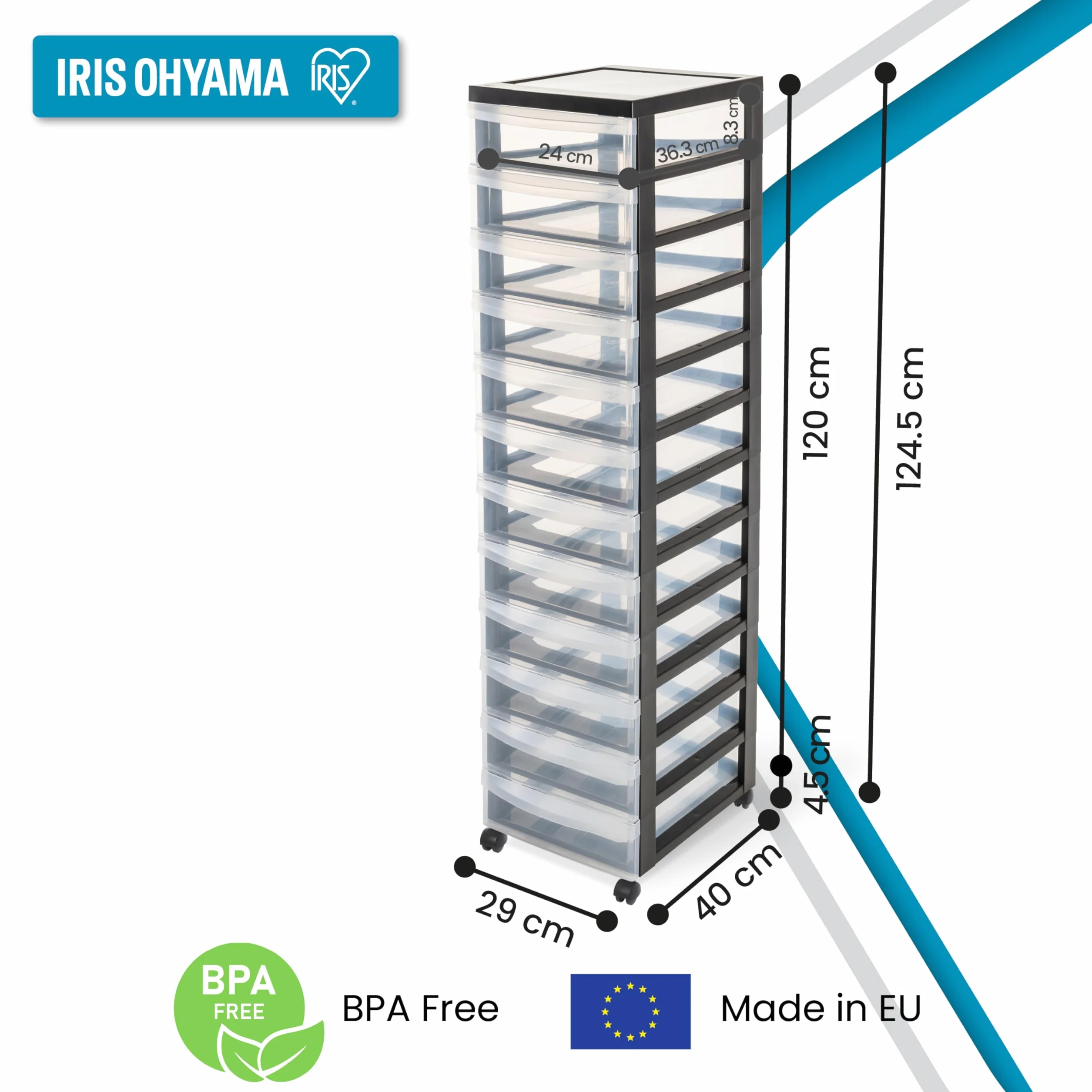 Iris Ohyama, Wieża, komoda z szufladami, plastikowy organizer do przechowywania z ergonomicznym uchwytem, 7L, 12 Szuflady, Z kółkami, BPA free, Biuro, Sypialnia, Pokój dzienny, DC-012, Czarny