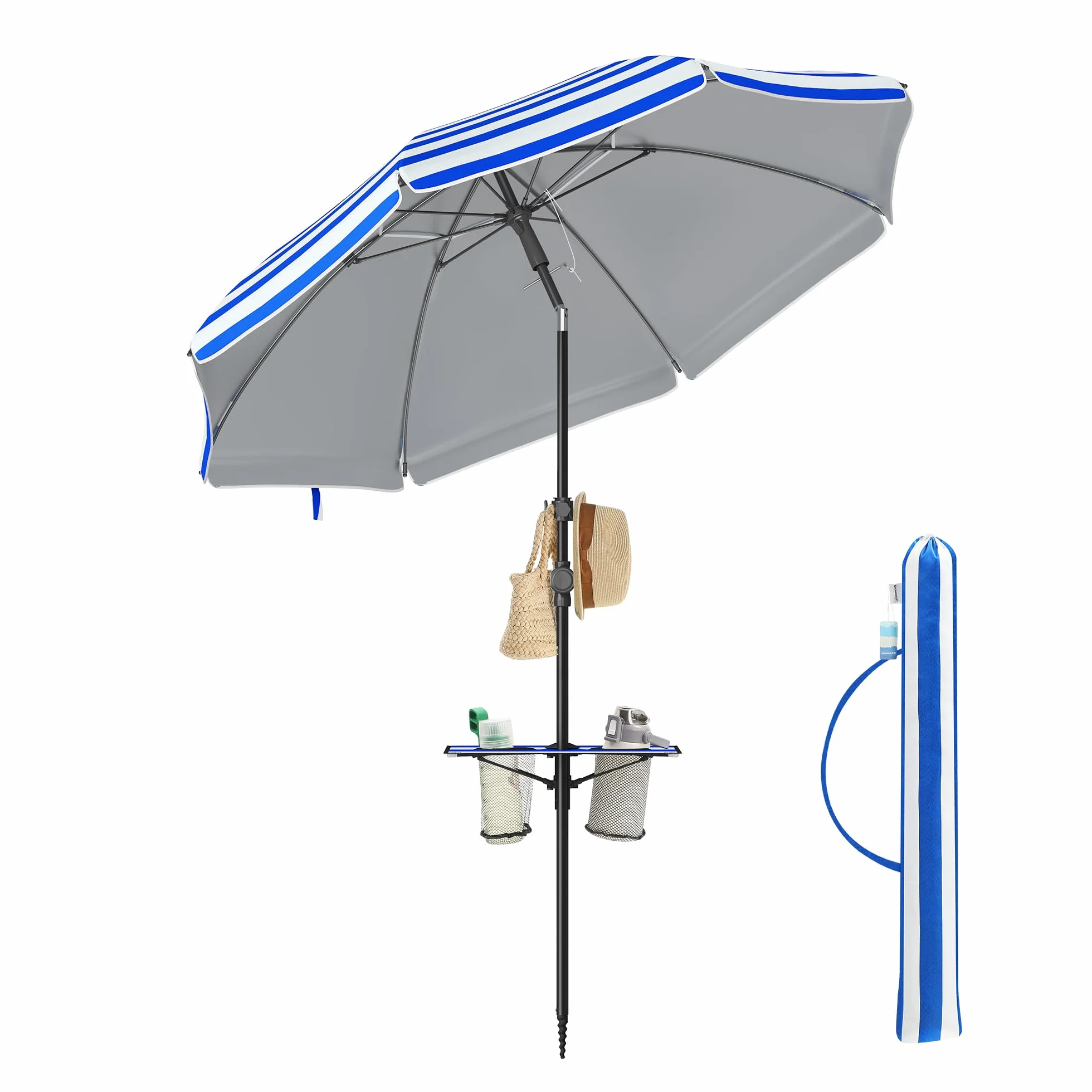 SONGMICS Parasol 160 cm, parasol plażowy, ochrona przeciwsłoneczna UPF 50+, składane boki 30°, regulacja wysokości, schowek, haczyki, nadaje się na plażę, bez stojaka, niebiesko-biały GPU0080Q02