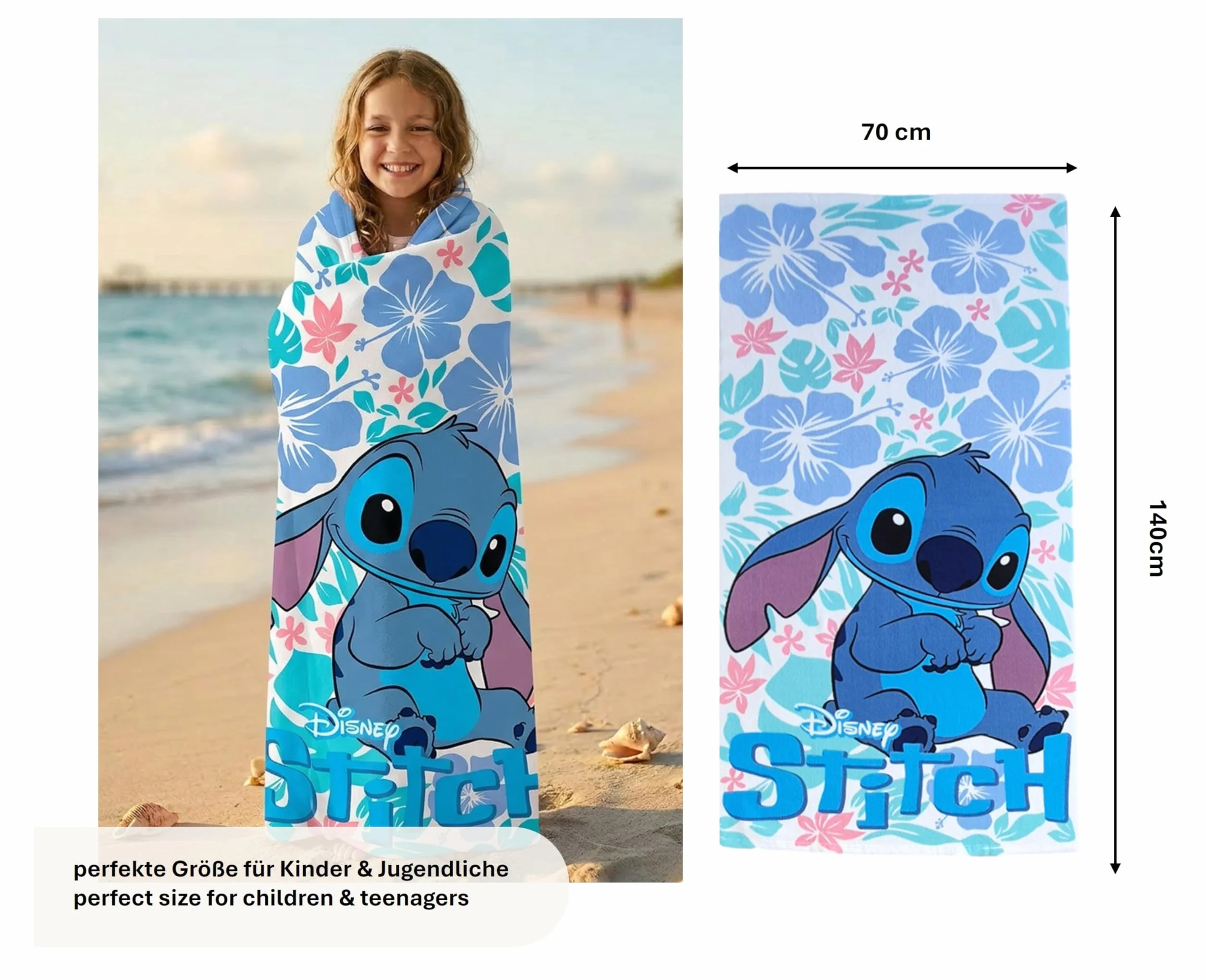Theonoi Disney Lilo & Stitch Ręcznik plażowy dla dzieci, 70 x 140 cm, ręcznik kąpielowy z mikrofibry, chłonny i szybkoschnący, odporny na piasek, podróżny, ręcznik kąpielowy dla chłopców i dziewczynek