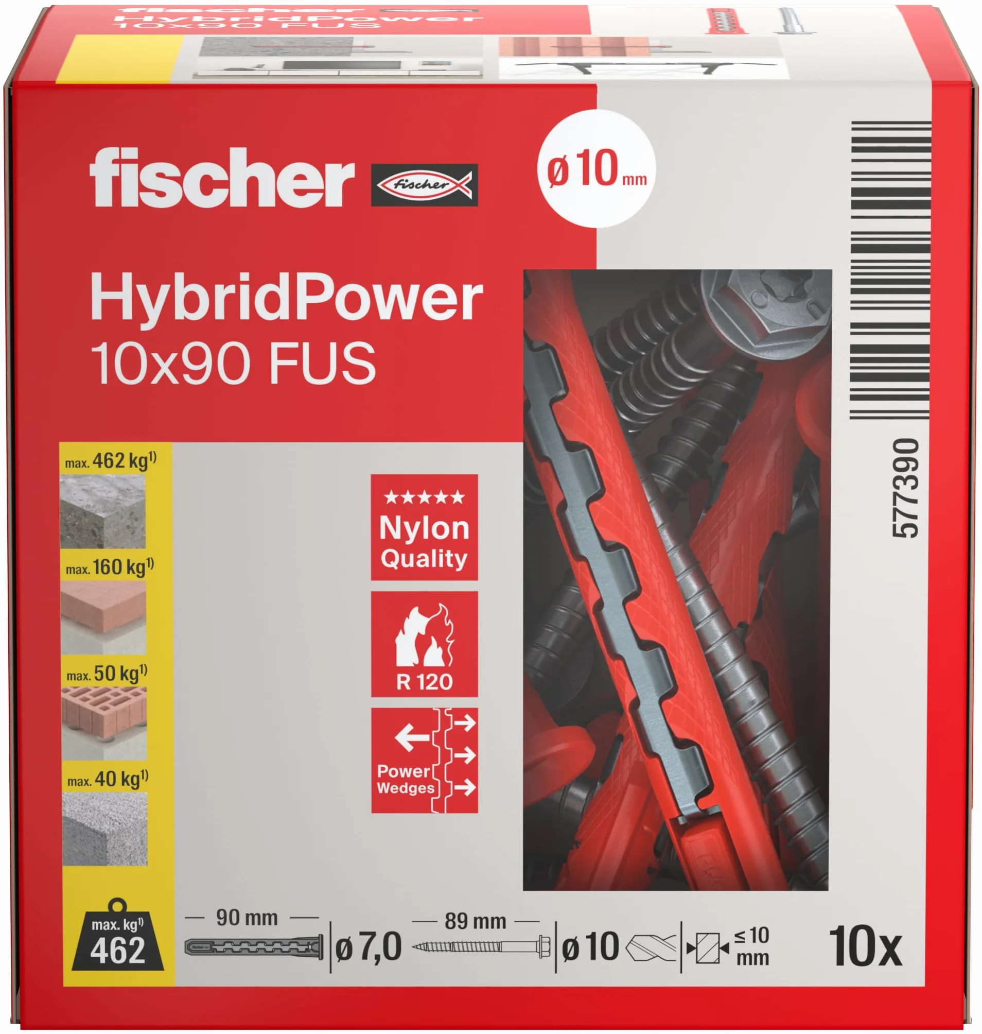 fischer HybridPower kołek rozporowy 10 x 90 stopni zapewnia najwyższą nośność i bezpieczeństwo, łatwy montaż bez narzędzi do osadzania, uniwersalne do otworów i materiałów budowlanych, murów, betonu