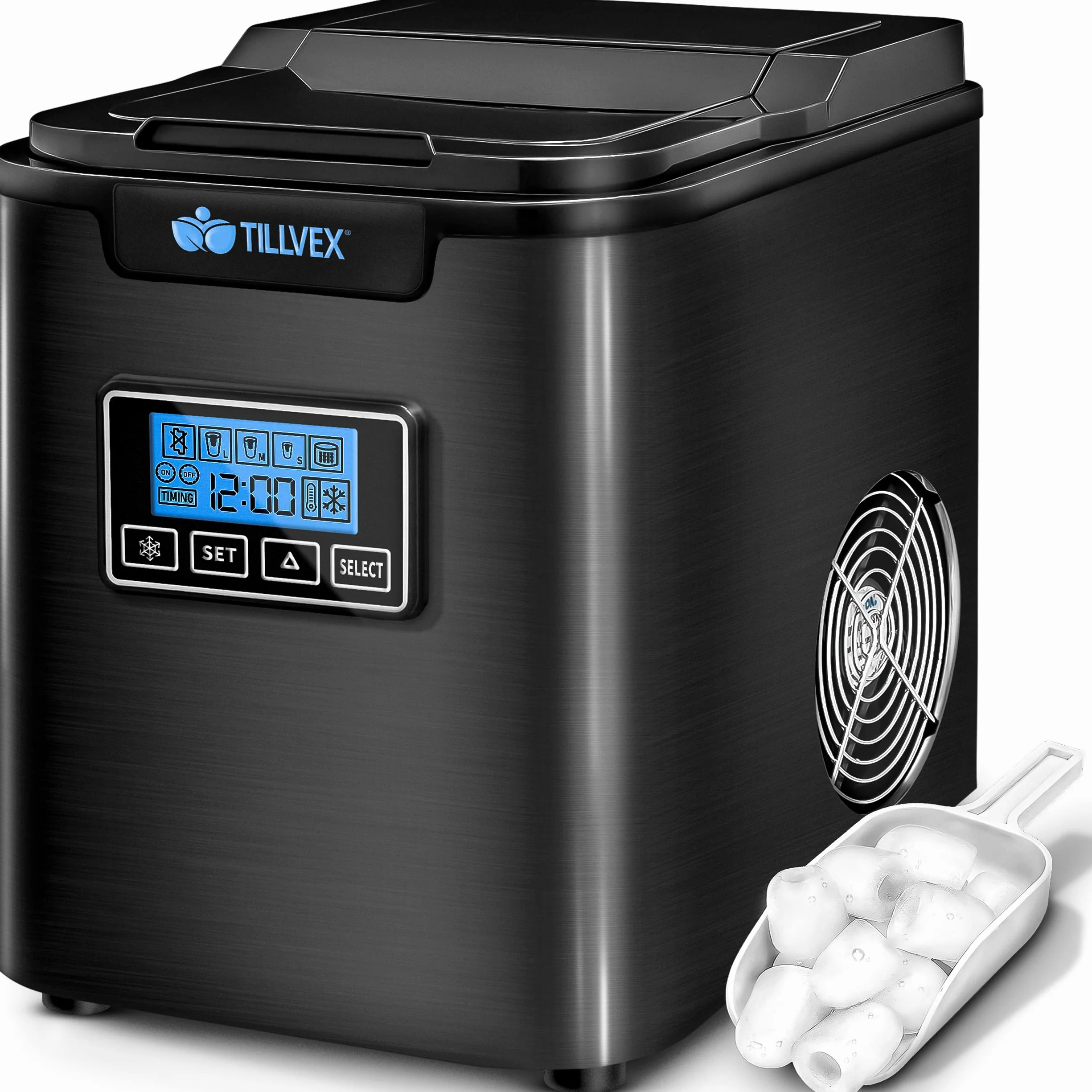 Kostkarka do lodu ze stali nierdzewnej 12 kg/24 h 2,2 l timer LCD samoczyszcząca 3 rozmiary kostek czarna