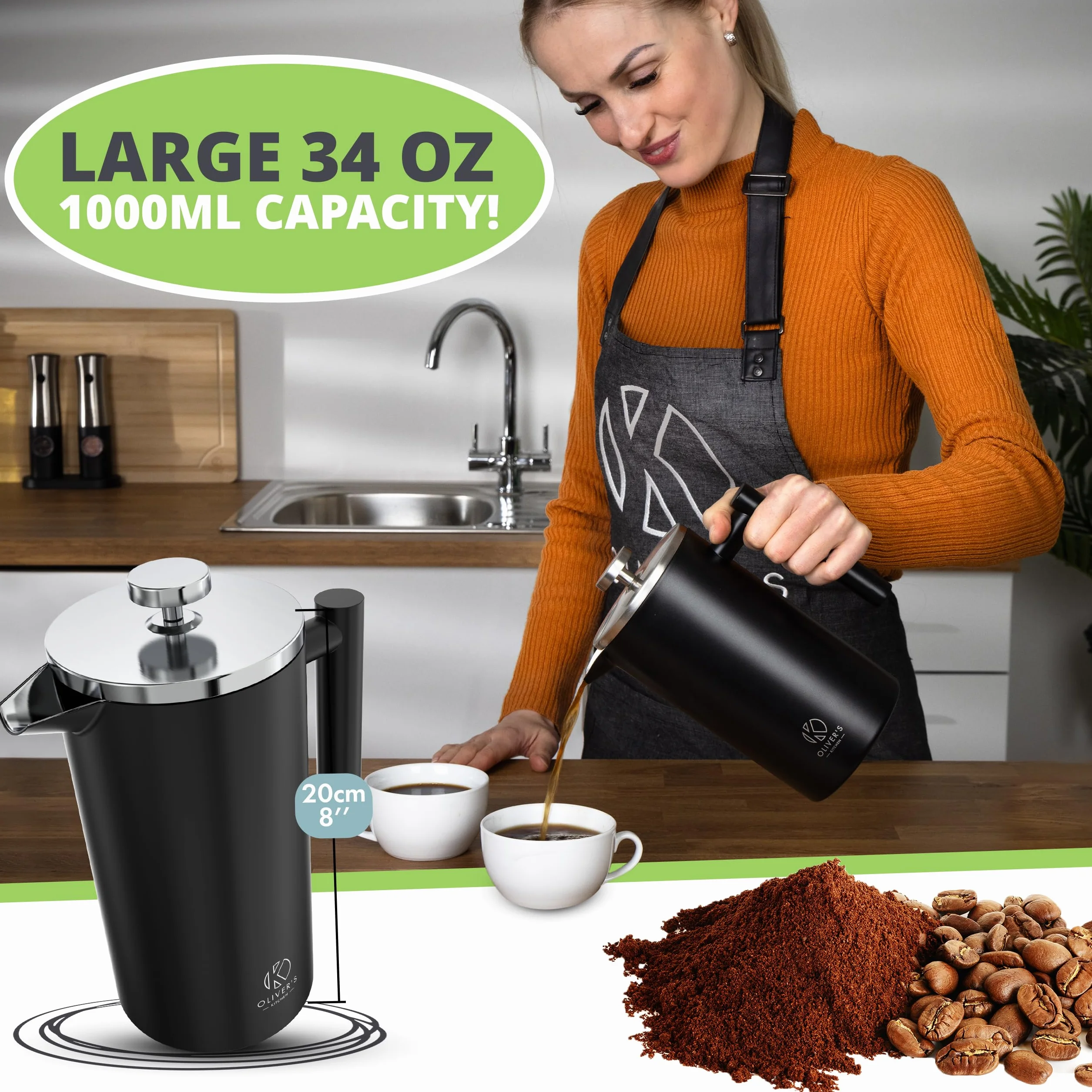 Oliver's Kitchen® French Press 1 litr - Zaparzacz do Kawy Tłokowy z Podwójną Izolacją Termiczną