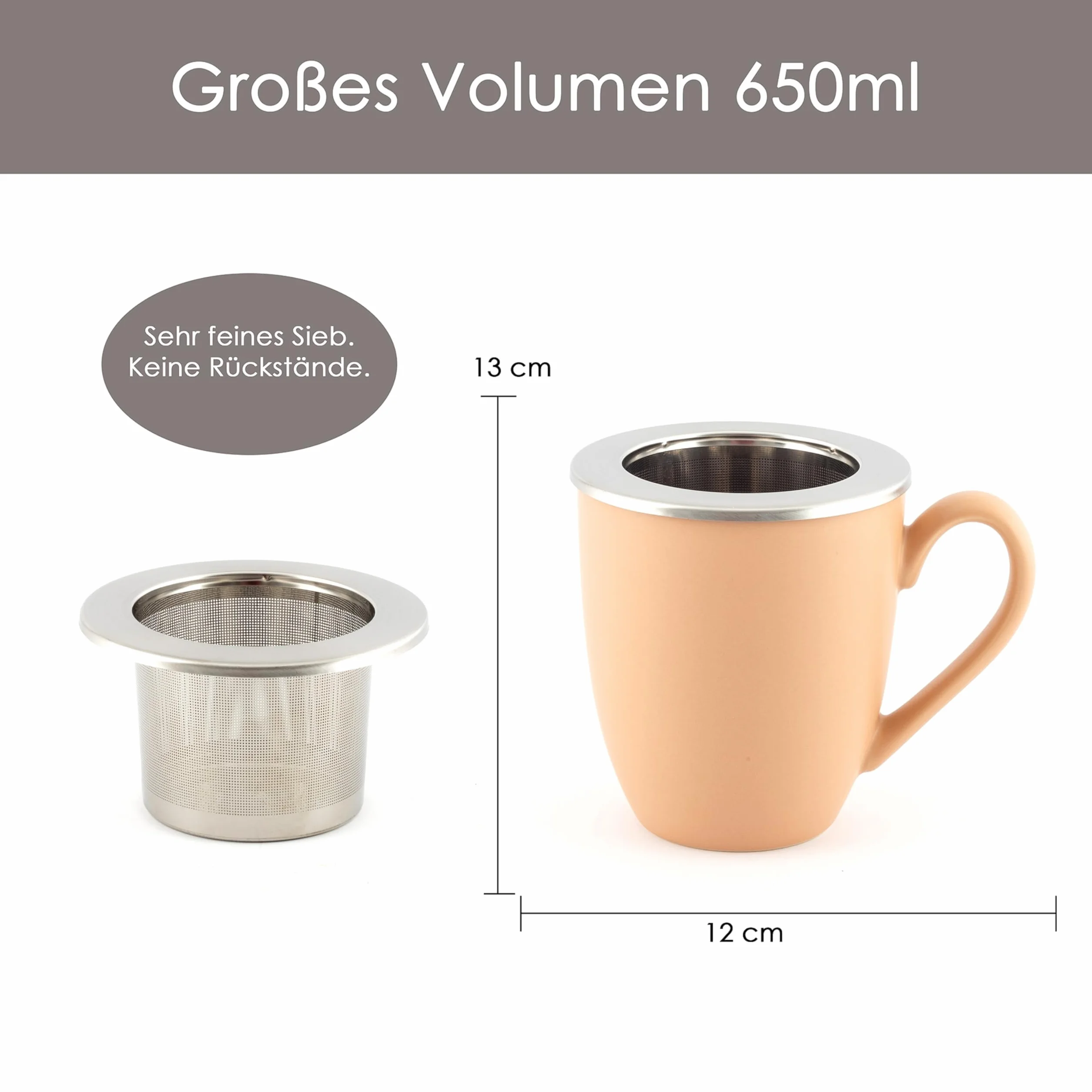 Hanseküche Filiżanka do herbaty z pokrywką i sitkiem – XXL kubek do herbaty 600 ml – duża filiżanka do herbaty ceramiczna – filiżanka Jumbo z pokrywką, ceramiczny, filtr do herbaty, sitko do herbaty