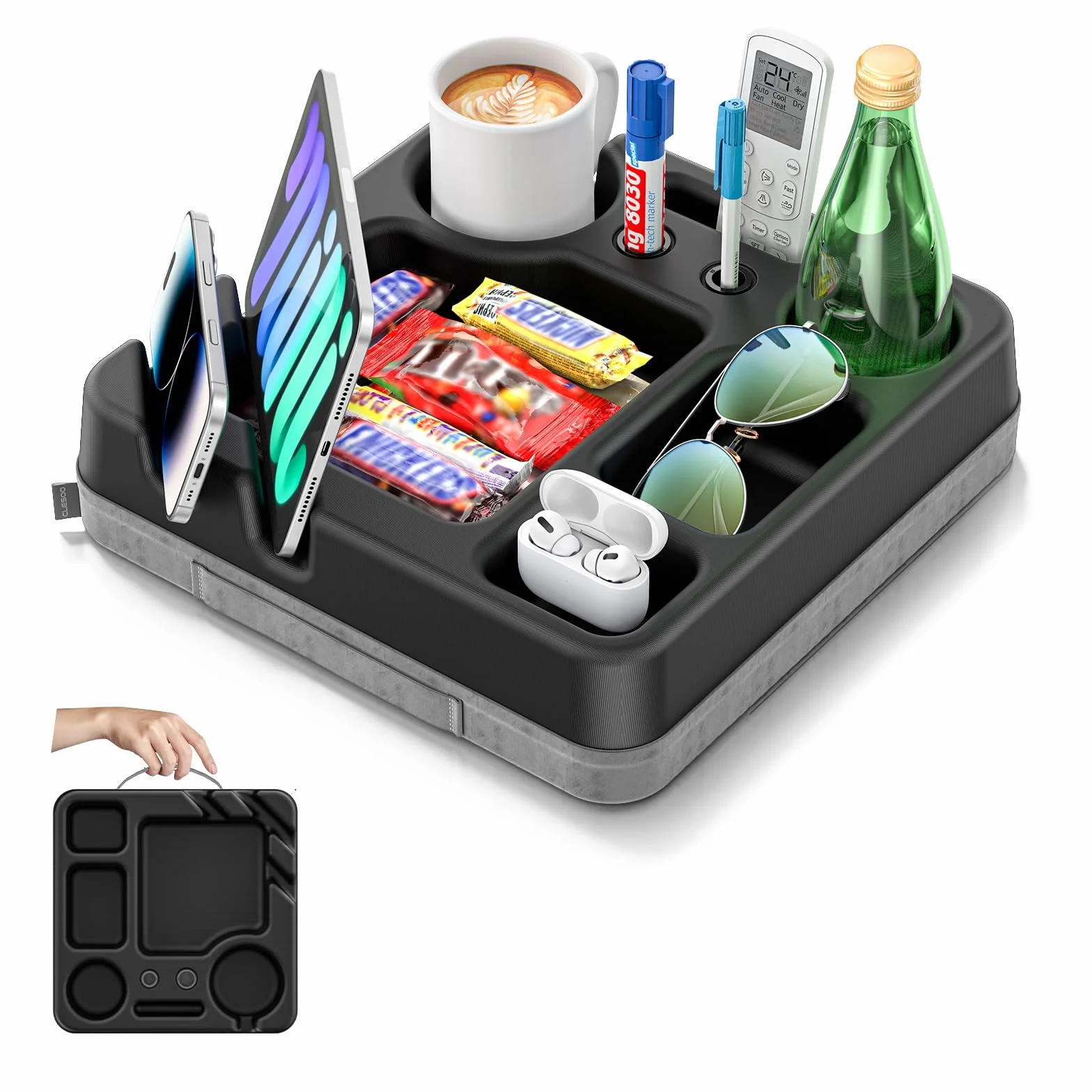 Taca na kubek na kanapę – przenośna sofa łóżko uchwyt na kubek poduszka z tacą na przekąski, zdalny pojemnik, długopis, telefon i tablet - organizer na stół kanapowy na łóżko, sofę, kampera, samochód