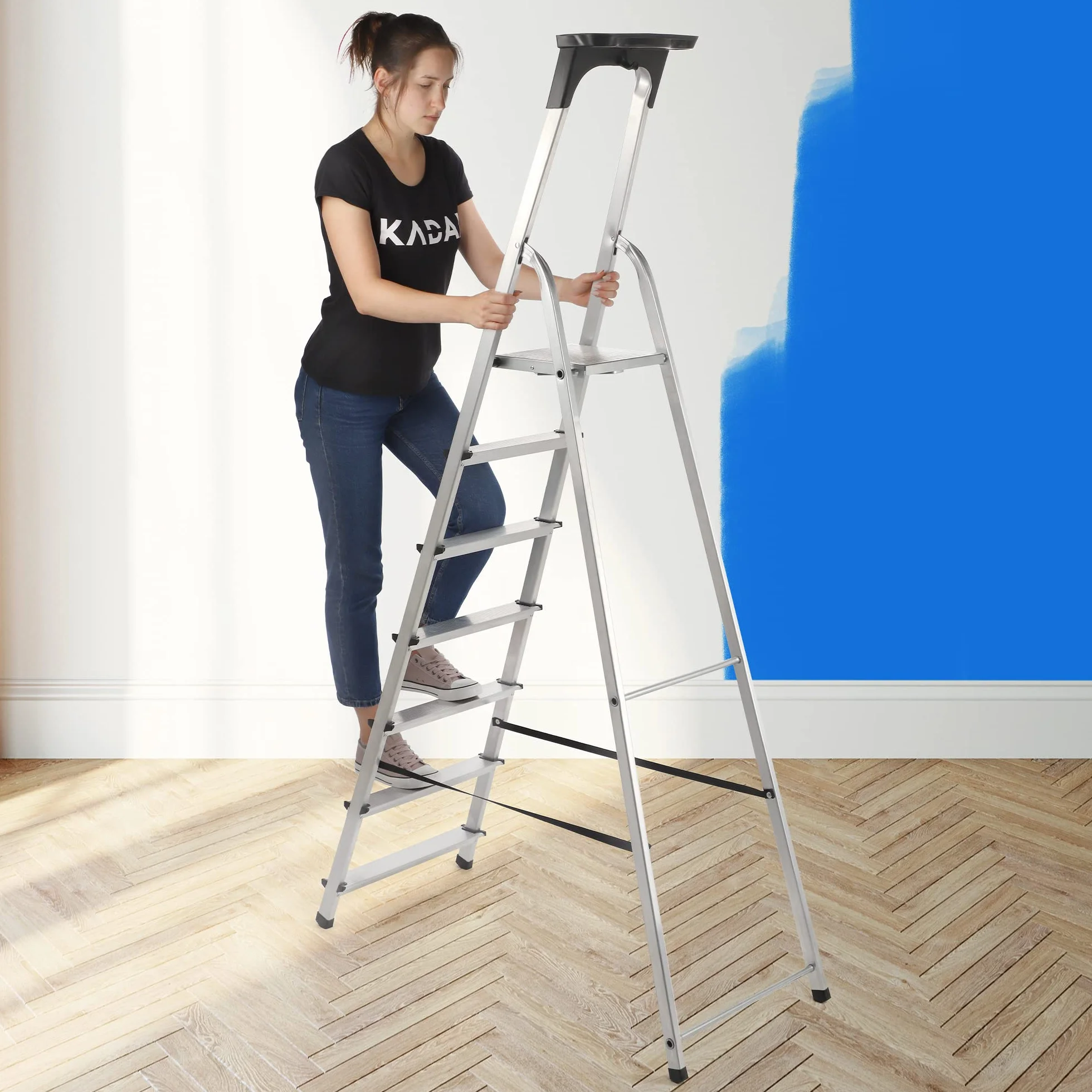 KADAX Drabina aluminiowa 6-stopniowa skladana | wielofunkcyjna | do 150kg | antyposlizgowa stabilna | dom warsztat