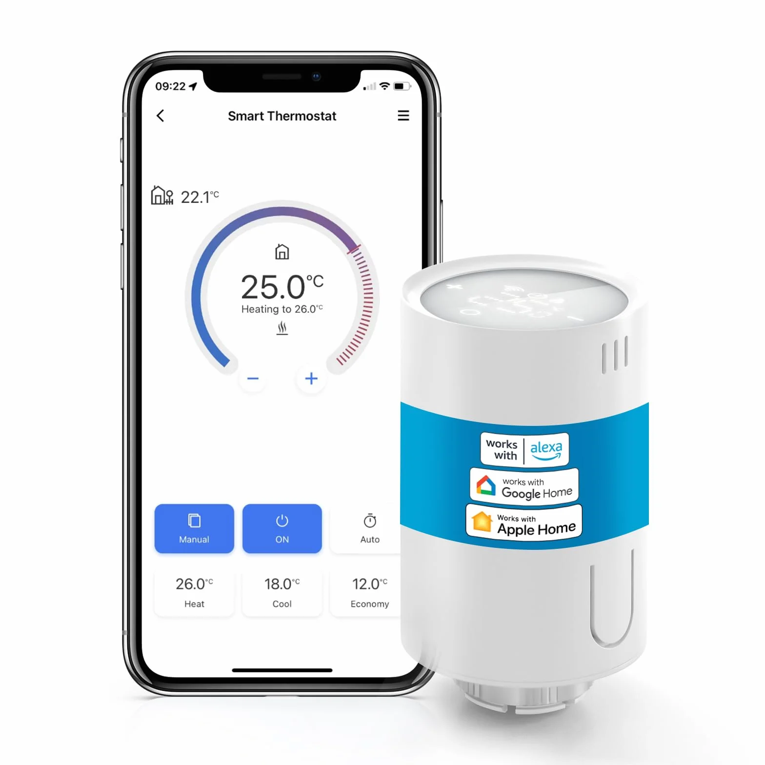 Meross inteligentny termostat grzejnikowy kompatybilny z HomeKit, termostat grzejny Wi-Fi, kompatybilny z Siri, Alexa i Google Assistant, pilot zdalnego sterowania, wymaga koncentratora, M30 x 1,5 mm