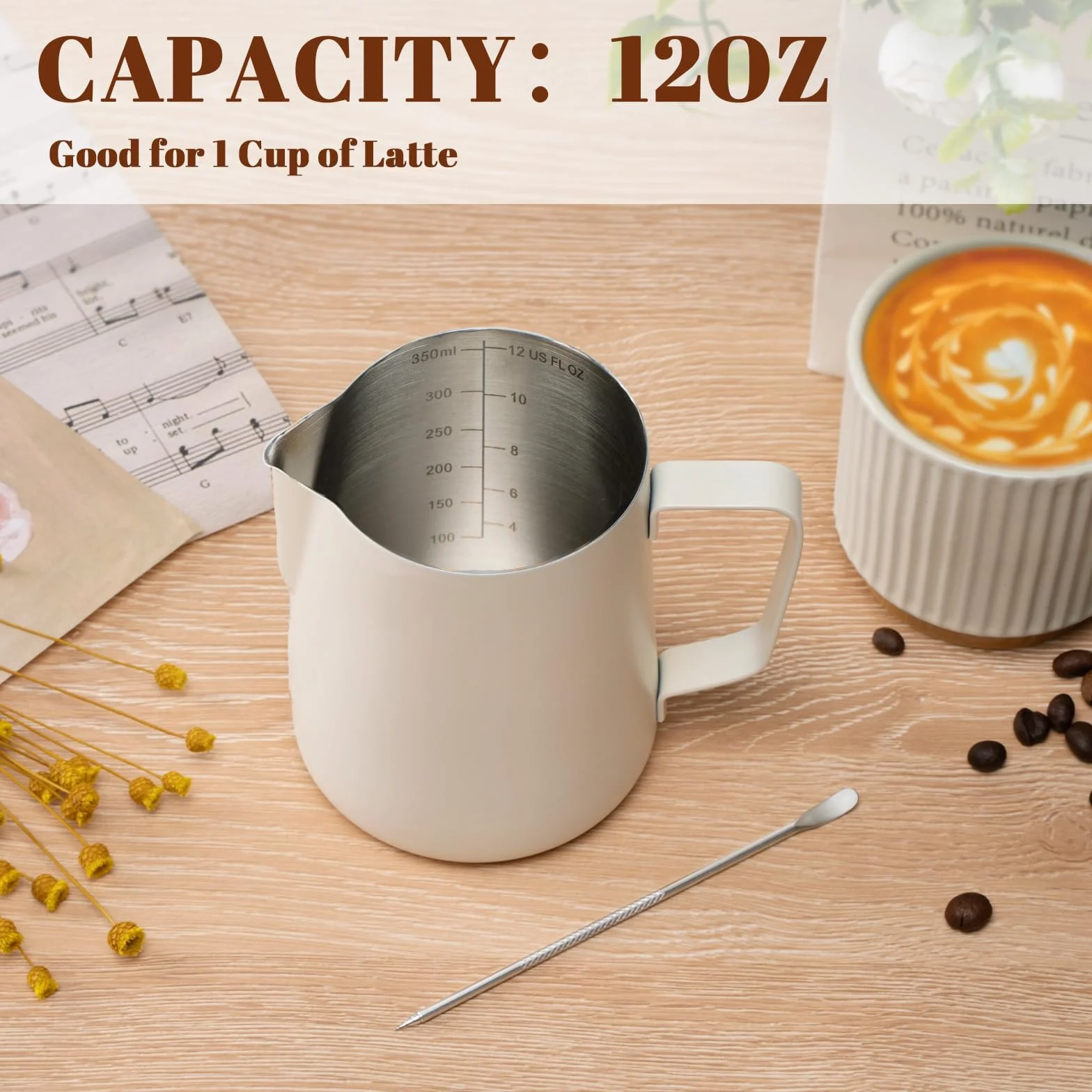 Amrules Dzbanek do spieniania mleka, kubek do spieniania mleka 350 ml z przezroczystą skalą, ze stali nierdzewnej 304, akcesoria do ekspresu do kawy baristy, z piórem latte, beżowy